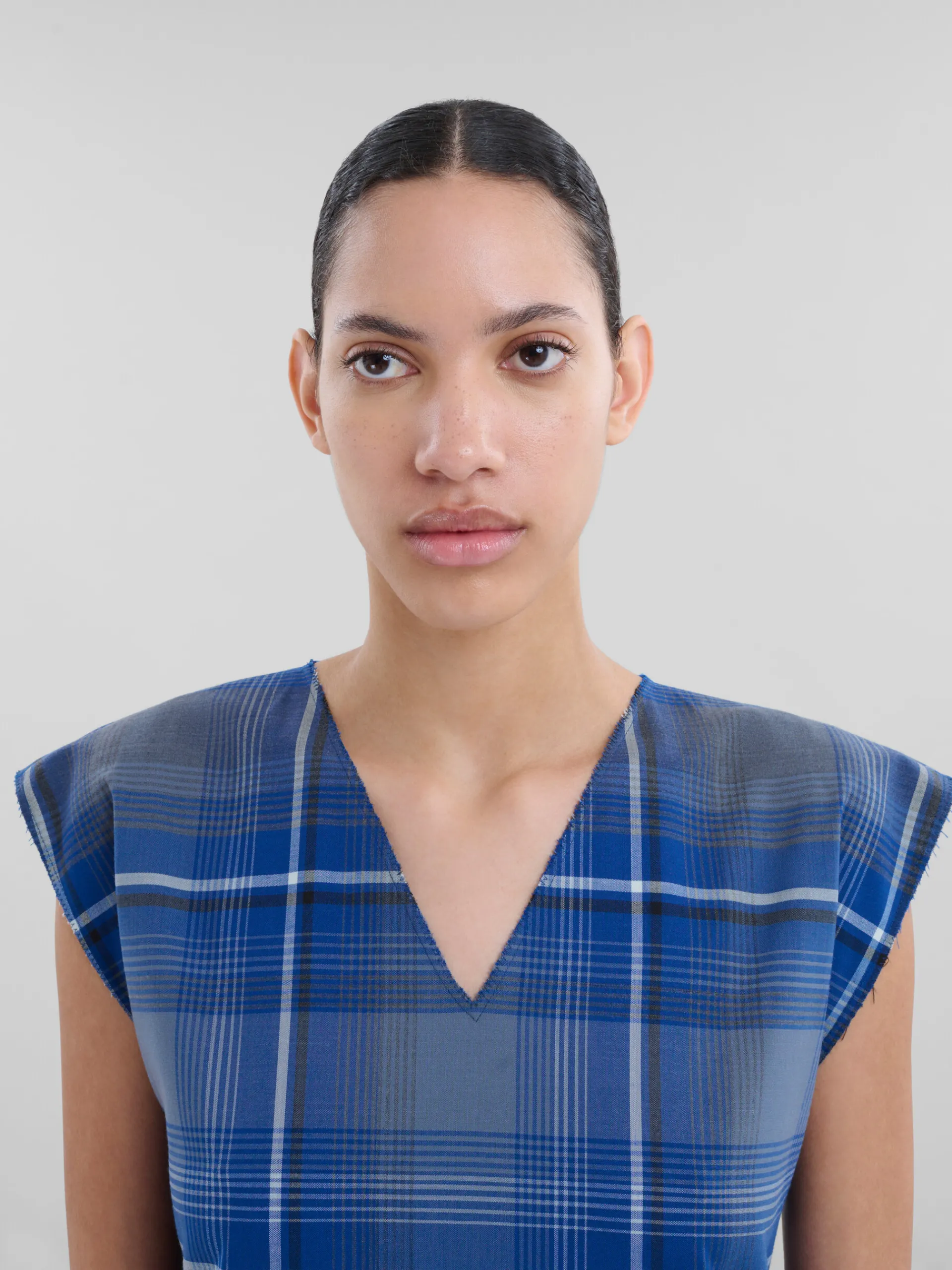 Dresses>Marni Blue Checked Wool Blend Dress With Contrast Pleats MAZARINEBLUE