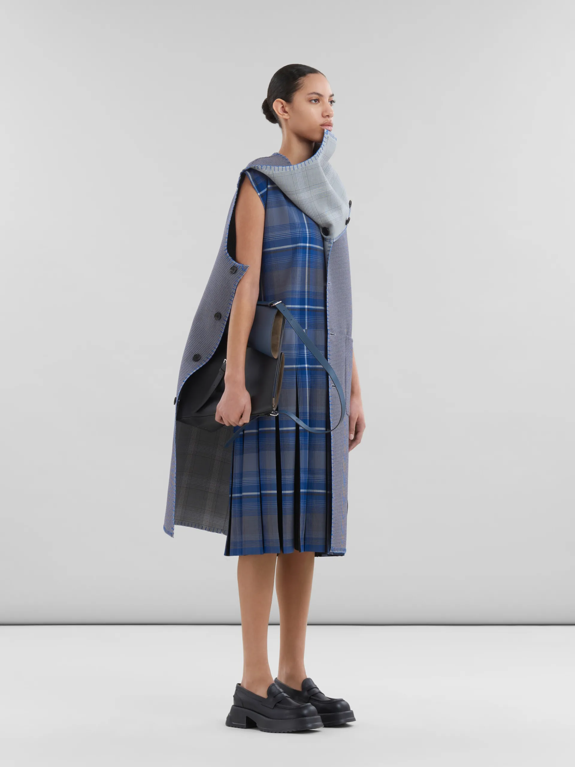 Dresses>Marni Blue Checked Wool Blend Dress With Contrast Pleats MAZARINEBLUE