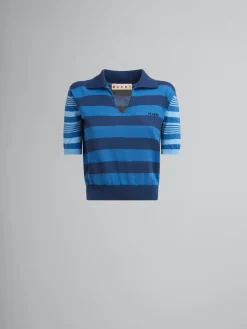 Tops & T-Shirts>Marni Blue Contrast-stripe Light Cotton Short-sleeved Jumper AZURE