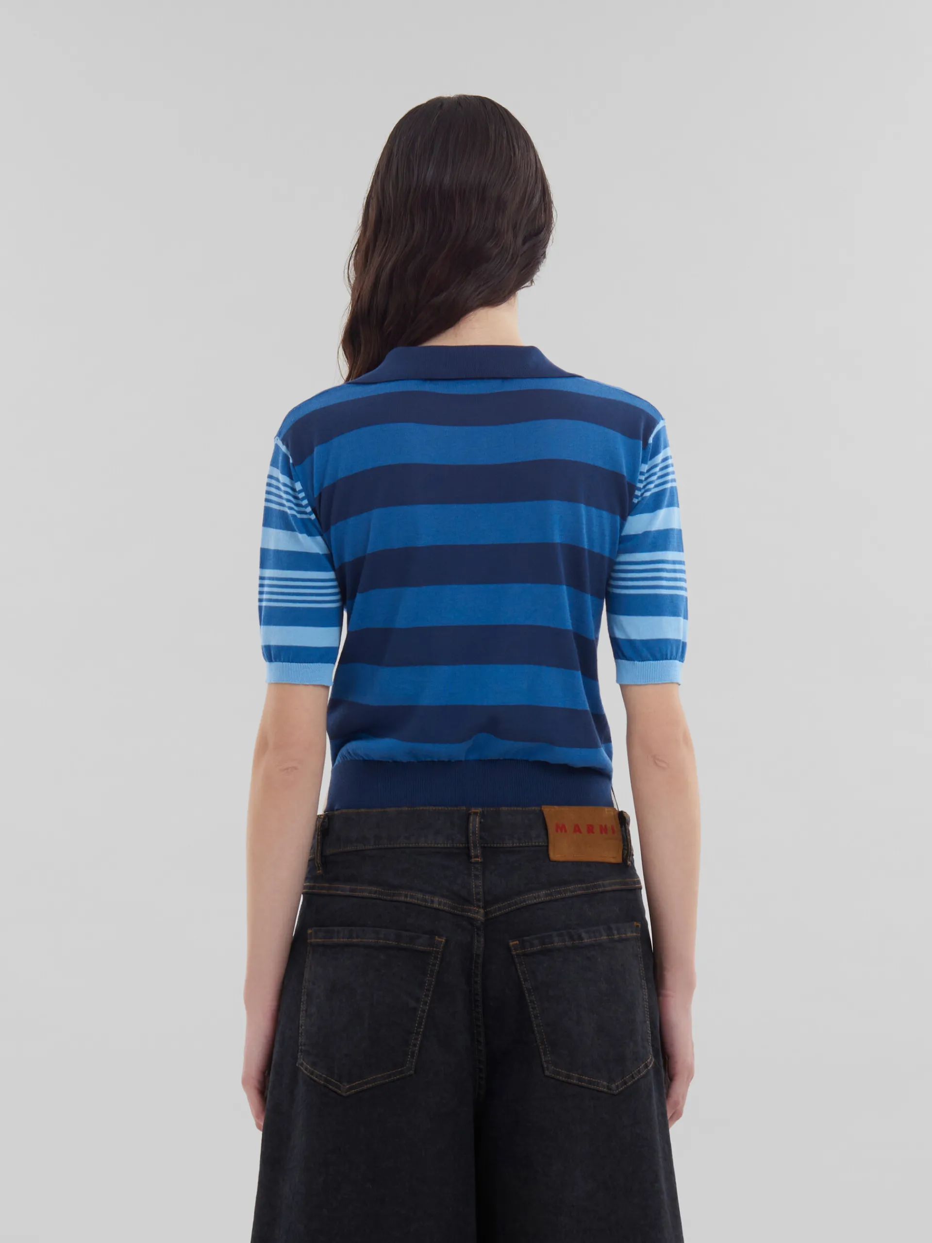 Tops & T-Shirts>Marni Blue Contrast-stripe Light Cotton Short-sleeved Jumper AZURE