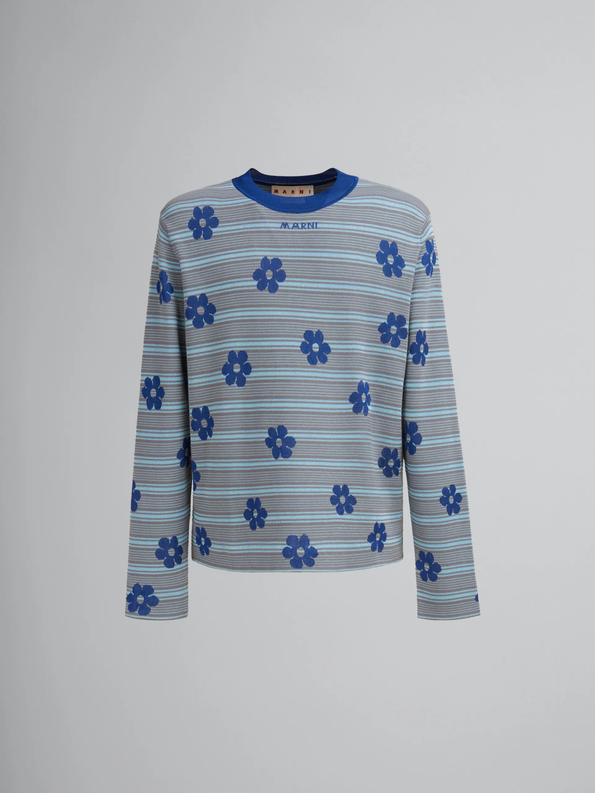 Knitwear>Marni Blue Cotton-viscose Striped Jumper With Floral Motif MAZARINEBLUE