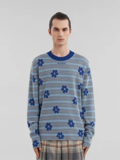 Knitwear>Marni Blue Cotton-viscose Striped Jumper With Floral Motif MAZARINEBLUE