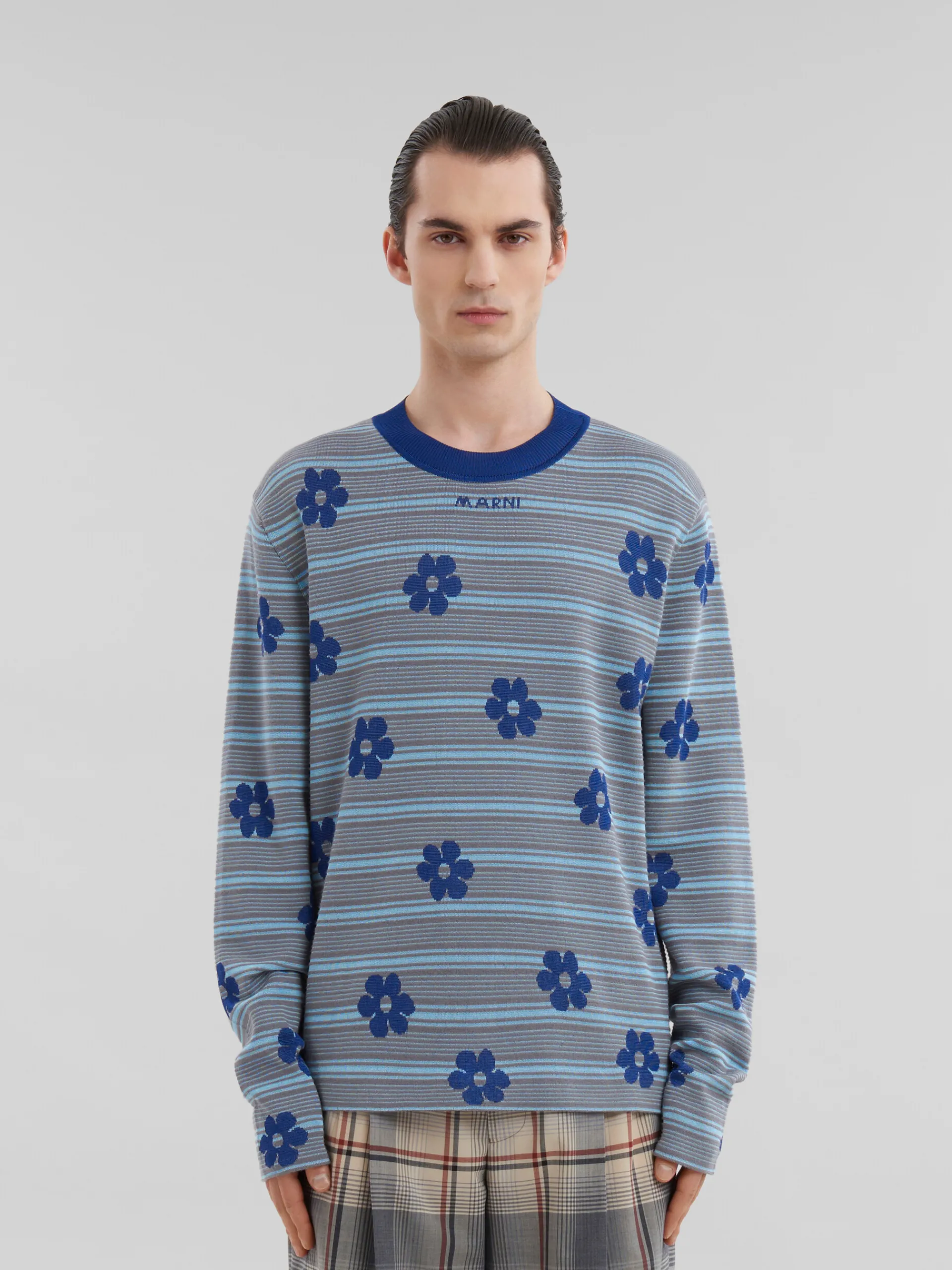 Knitwear>Marni Blue Cotton-viscose Striped Jumper With Floral Motif MAZARINEBLUE