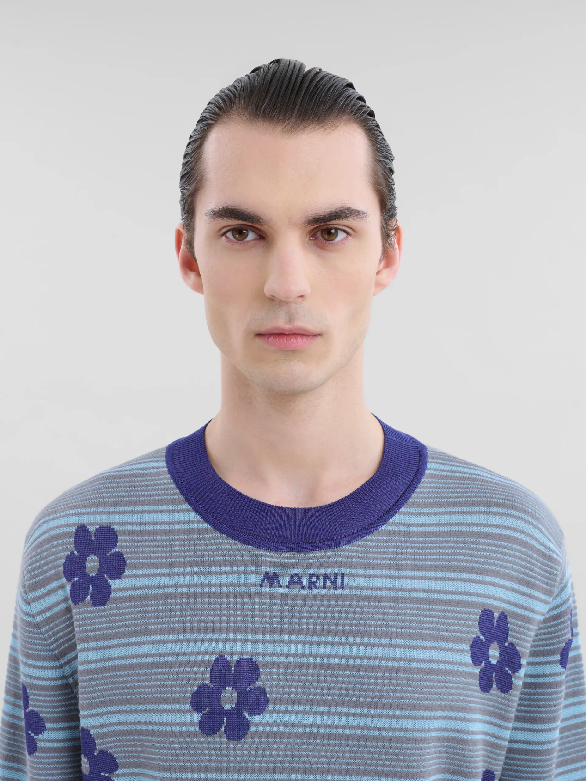 Knitwear>Marni Blue Cotton-viscose Striped Jumper With Floral Motif MAZARINEBLUE