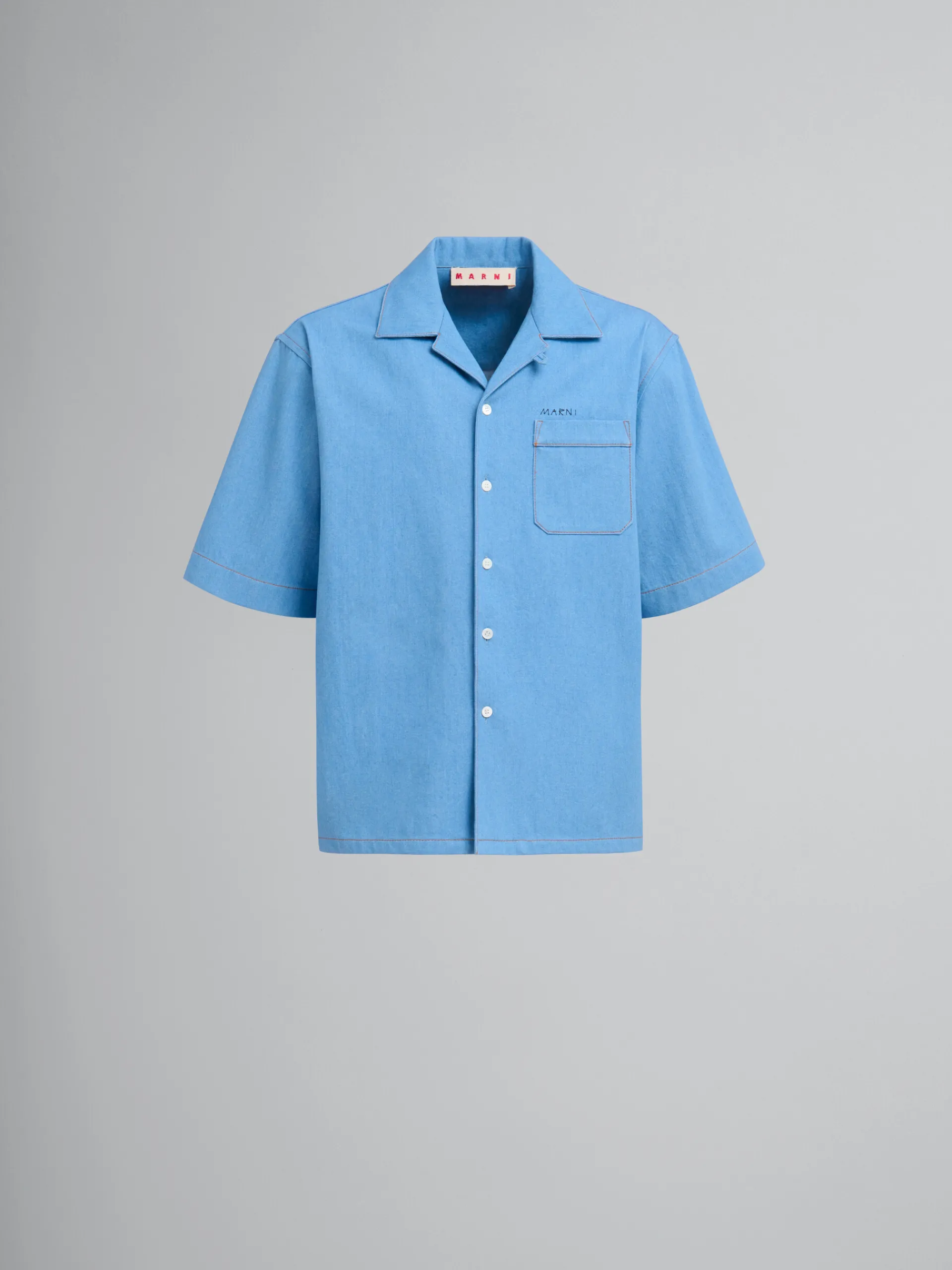 Denim | Matching Sets>Marni Blue Denim Bowling Shirt With Mending Logo AZURE