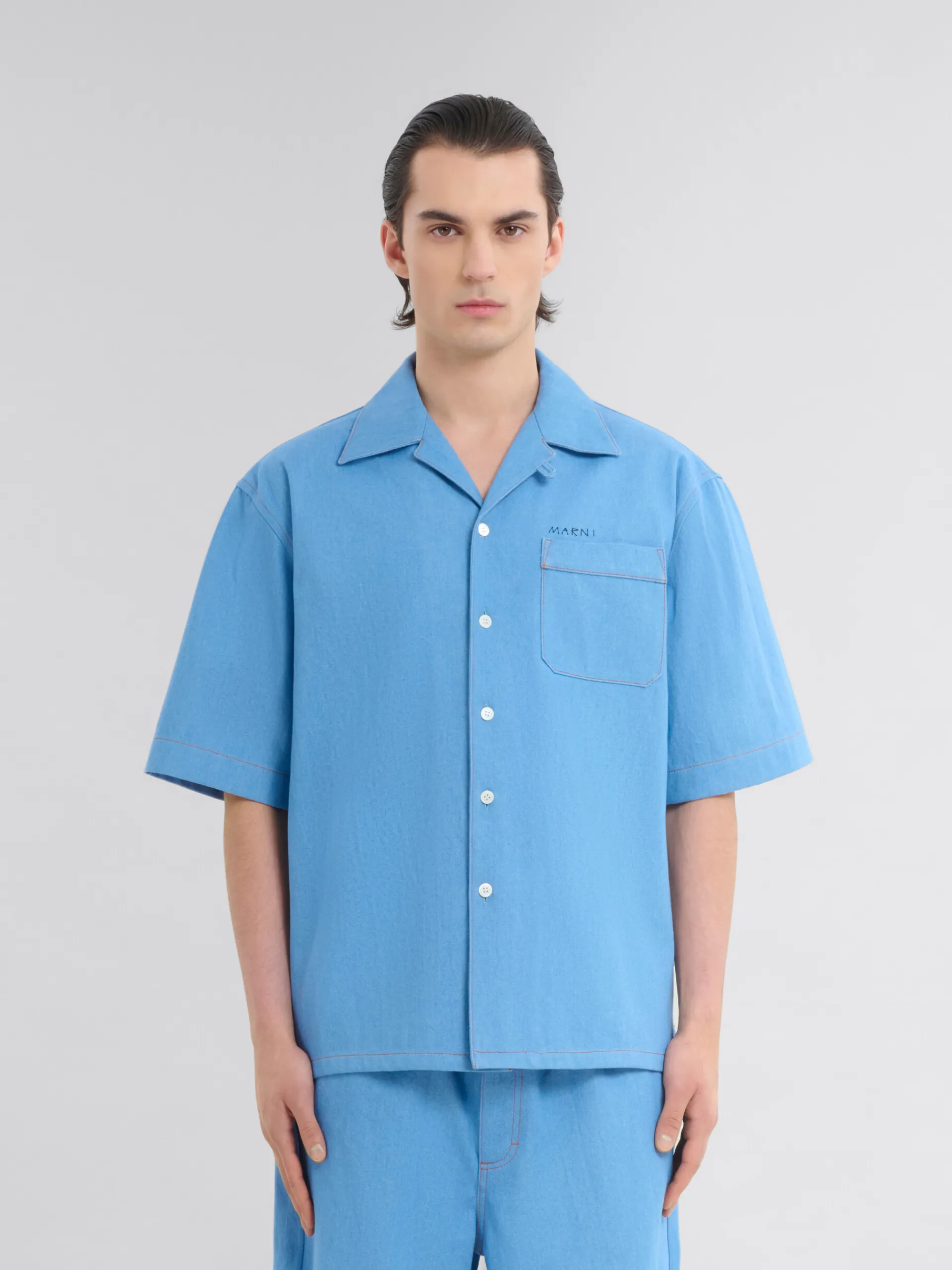 Denim | Matching Sets>Marni Blue Denim Bowling Shirt With Mending Logo AZURE