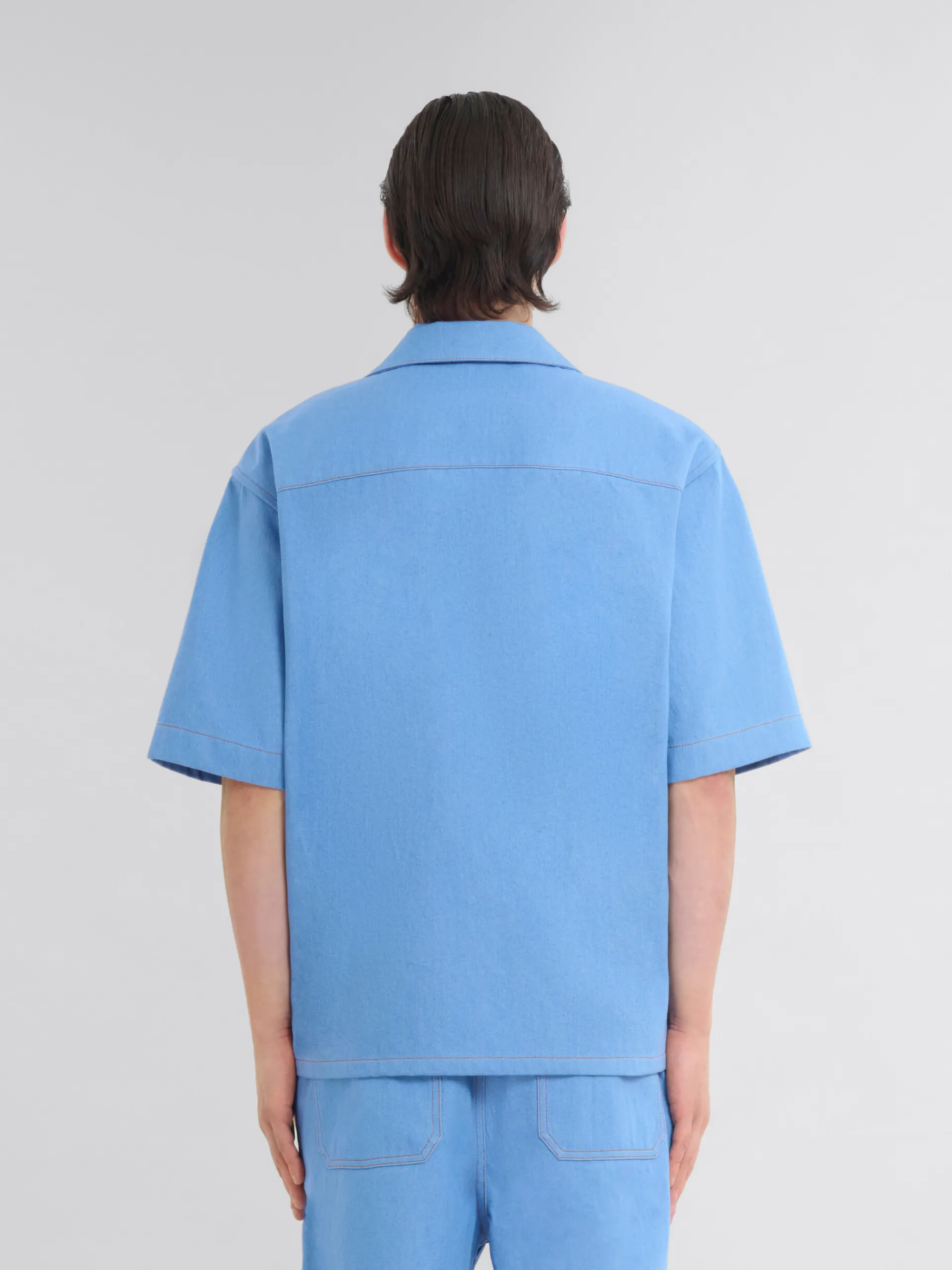 Denim | Matching Sets>Marni Blue Denim Bowling Shirt With Mending Logo AZURE