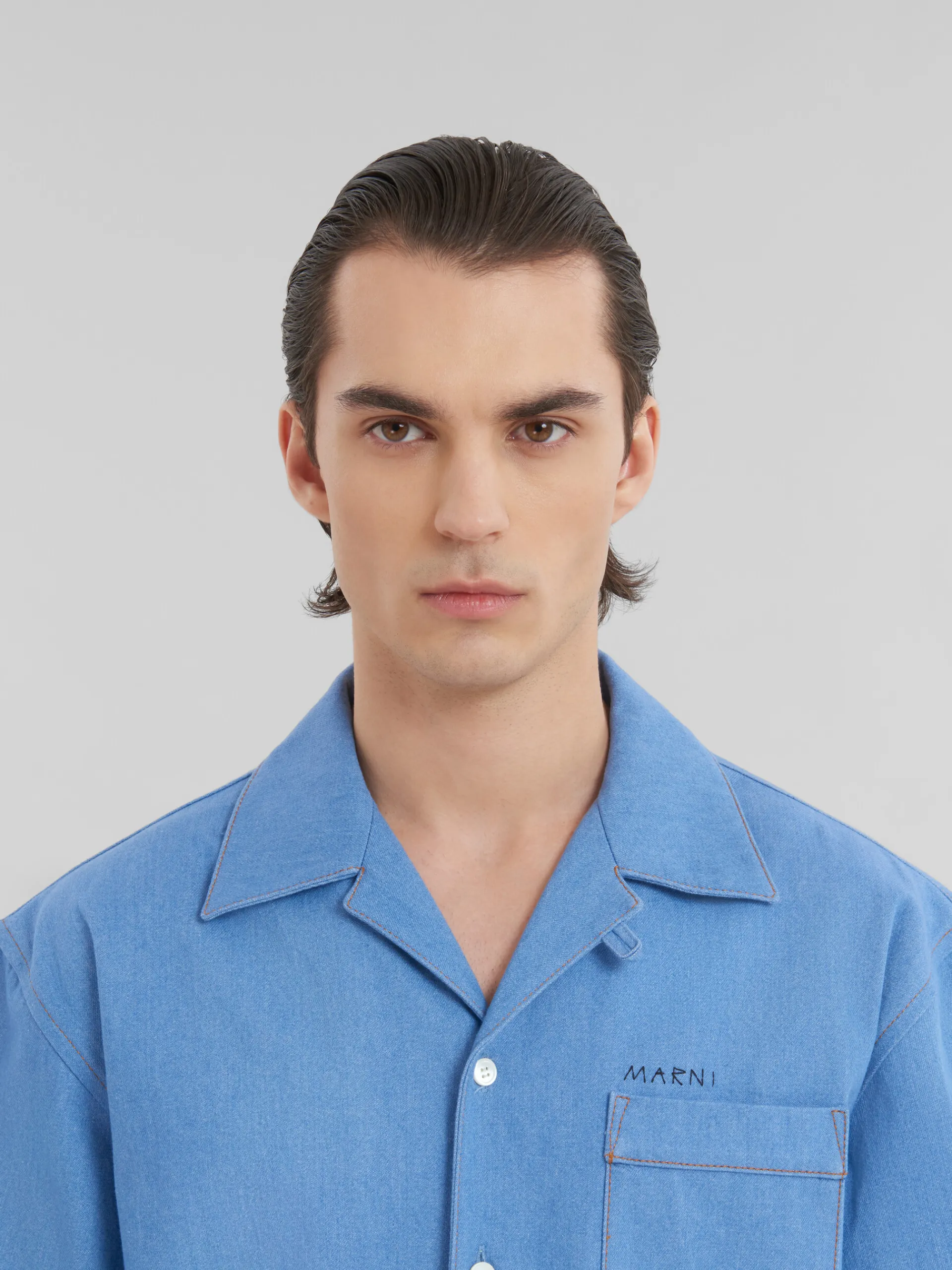 Denim | Matching Sets>Marni Blue Denim Bowling Shirt With Mending Logo AZURE