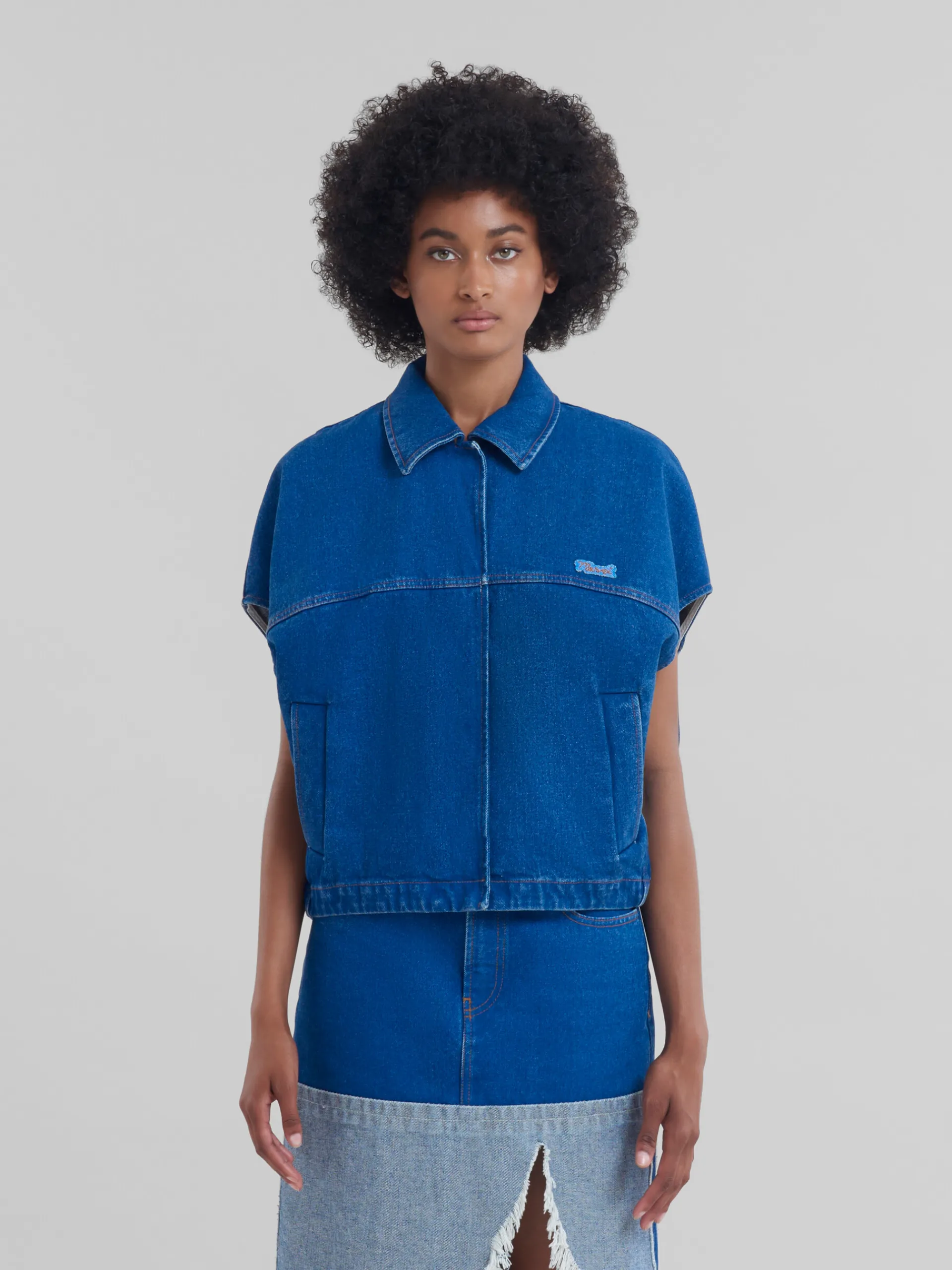 Coats & Jackets | Denim>Marni Blue Organic Denim Short-sleeved Jacket With Logo Patch OCEAN