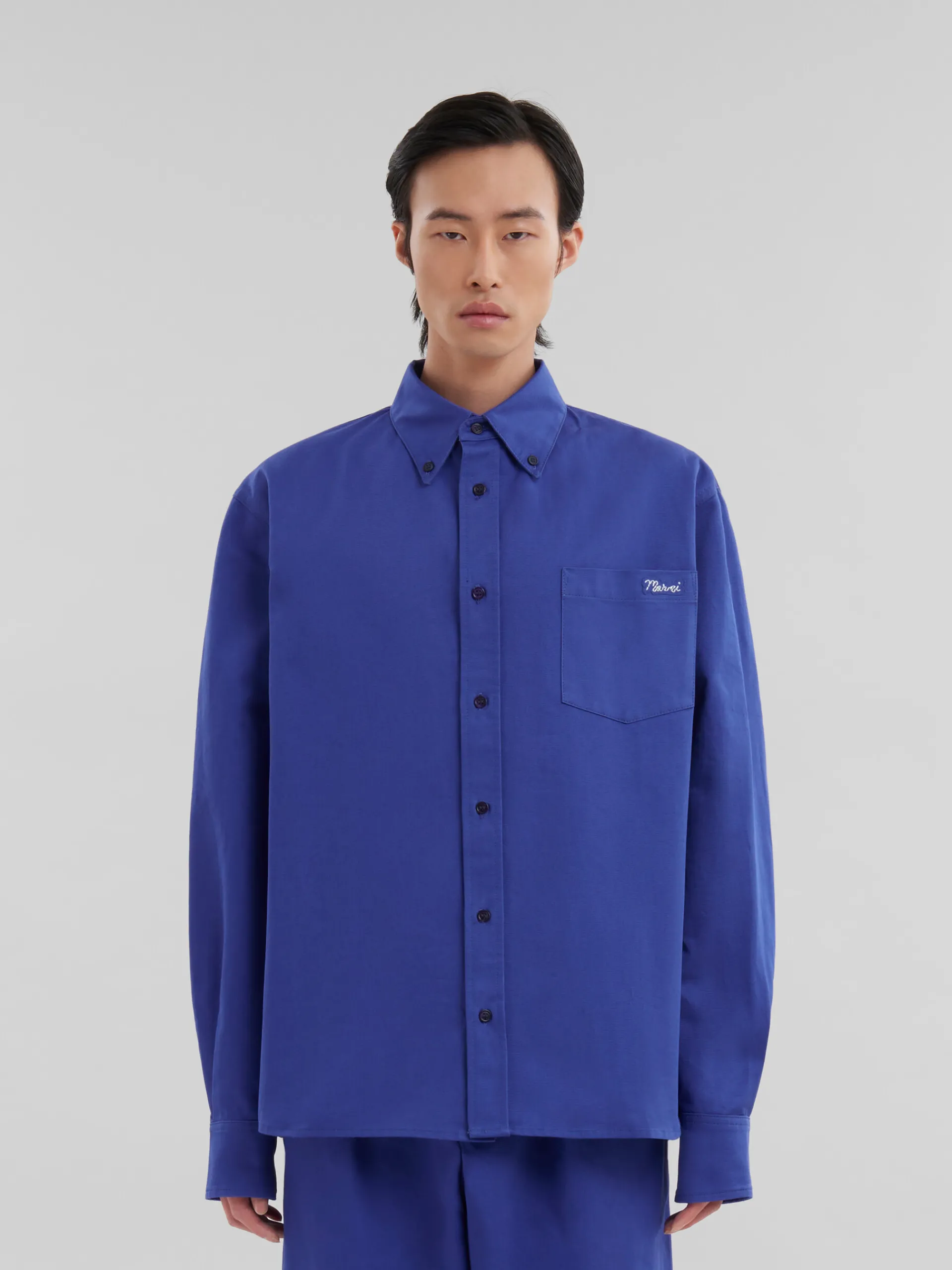 Matching Sets | Tops & T-Shirts>Marni Blue Organic Gabardine Shirt With Patch MAZARINEBLUE