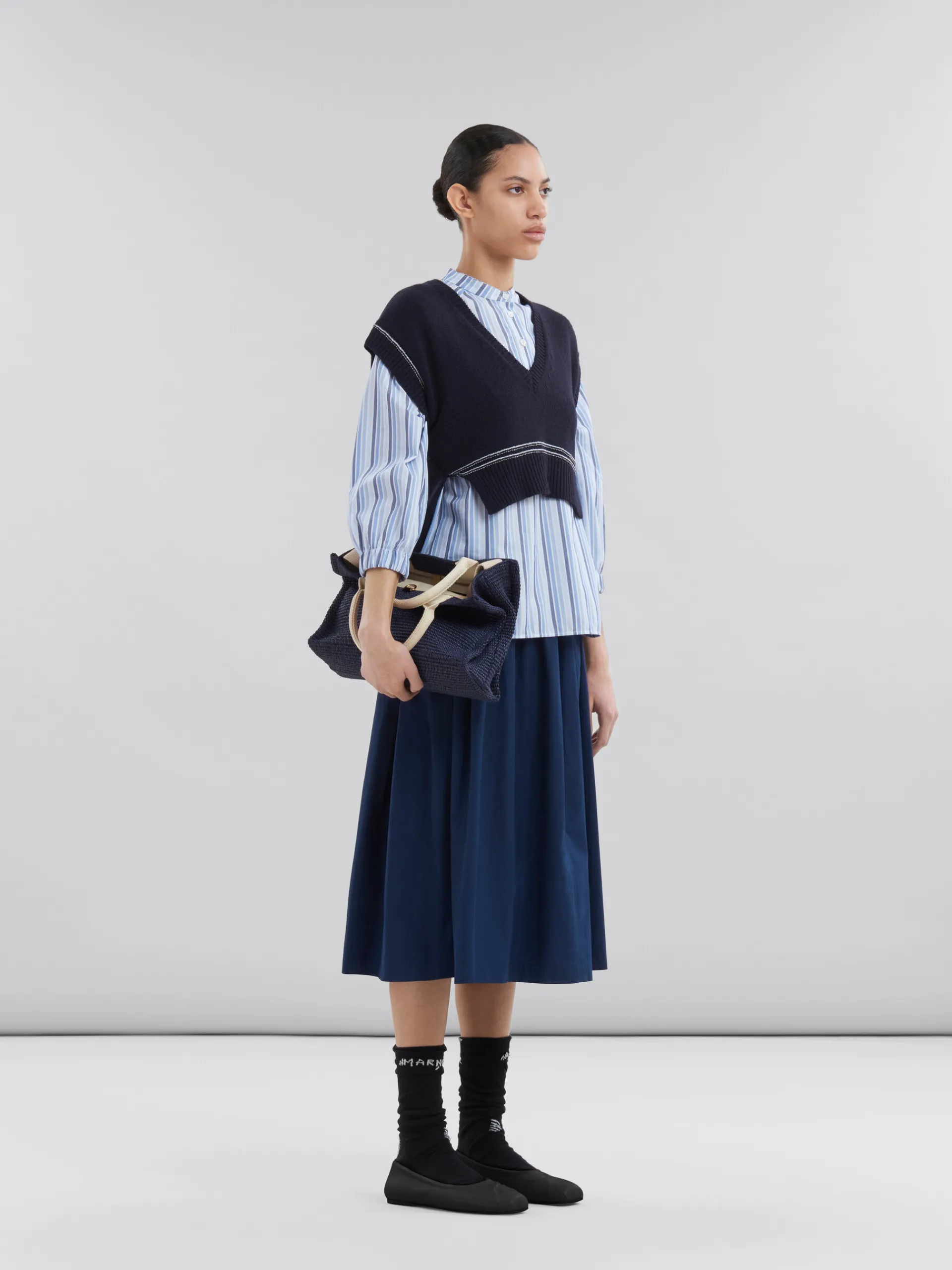 Skirts>Marni Blue Organic Poplin Elasticated Midi Skirt LIGHTNAVY