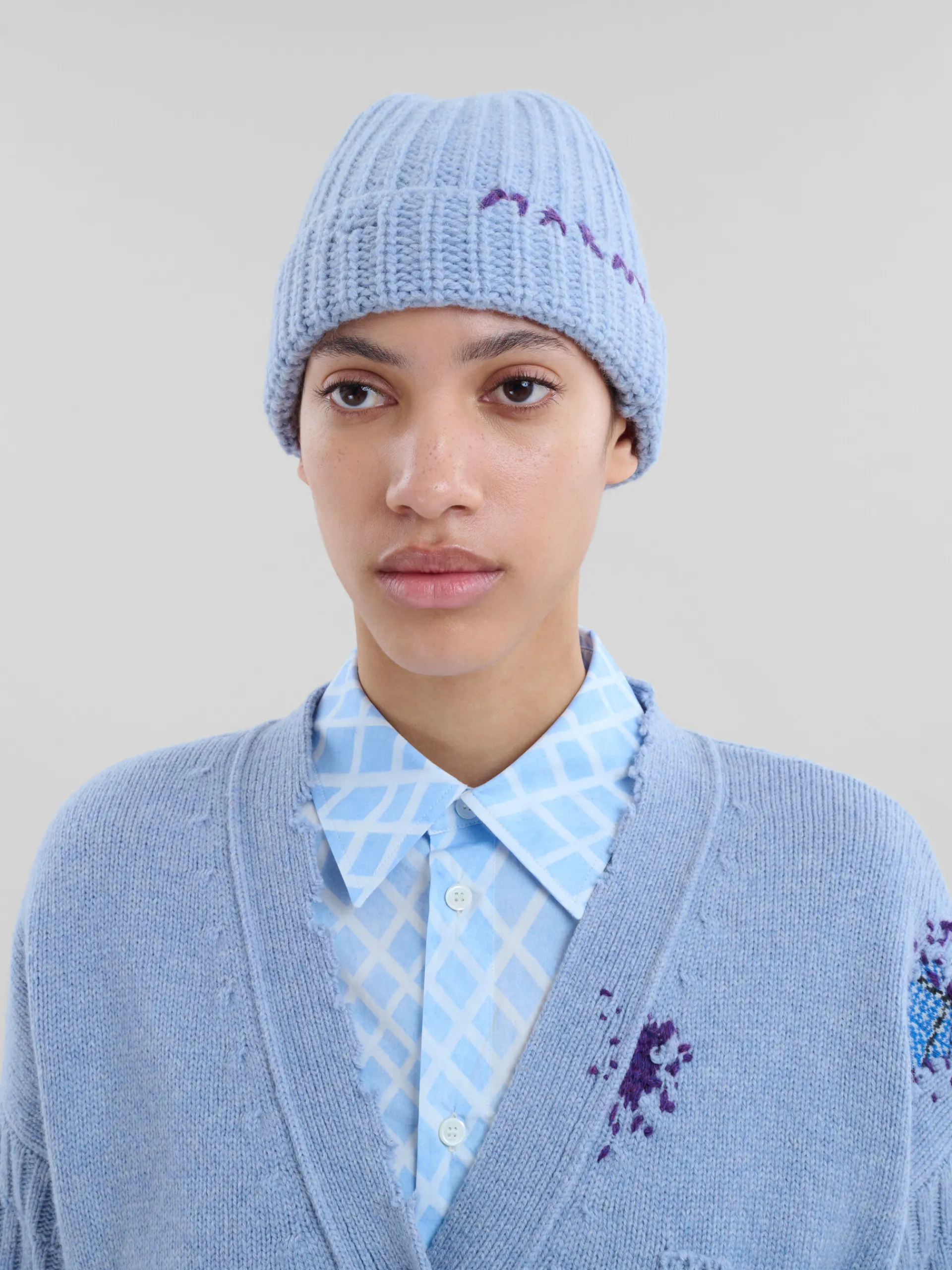 Hats>Marni Blue Shetland Wool Beanie With Mending SMOKEBLUE