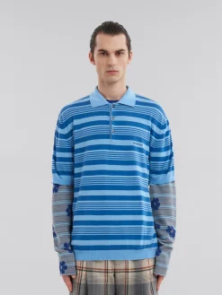 Tops & T-Shirts | Knitwear>Marni Blue Striped Cotton Polo Shirt With Mending AZURE