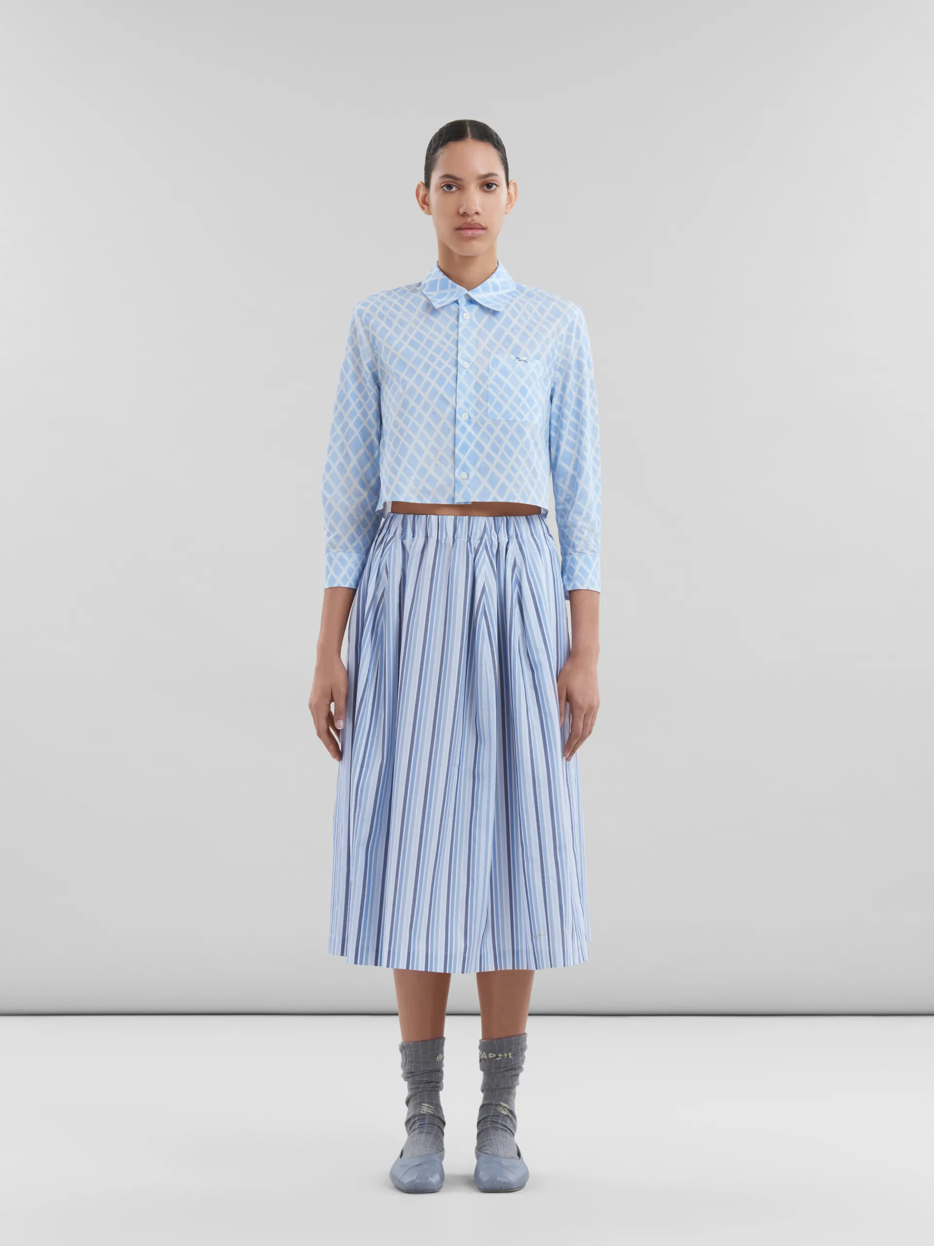 Skirts>Marni Blue Striped Organic Poplin Elasticated Midi Skirt LAKE