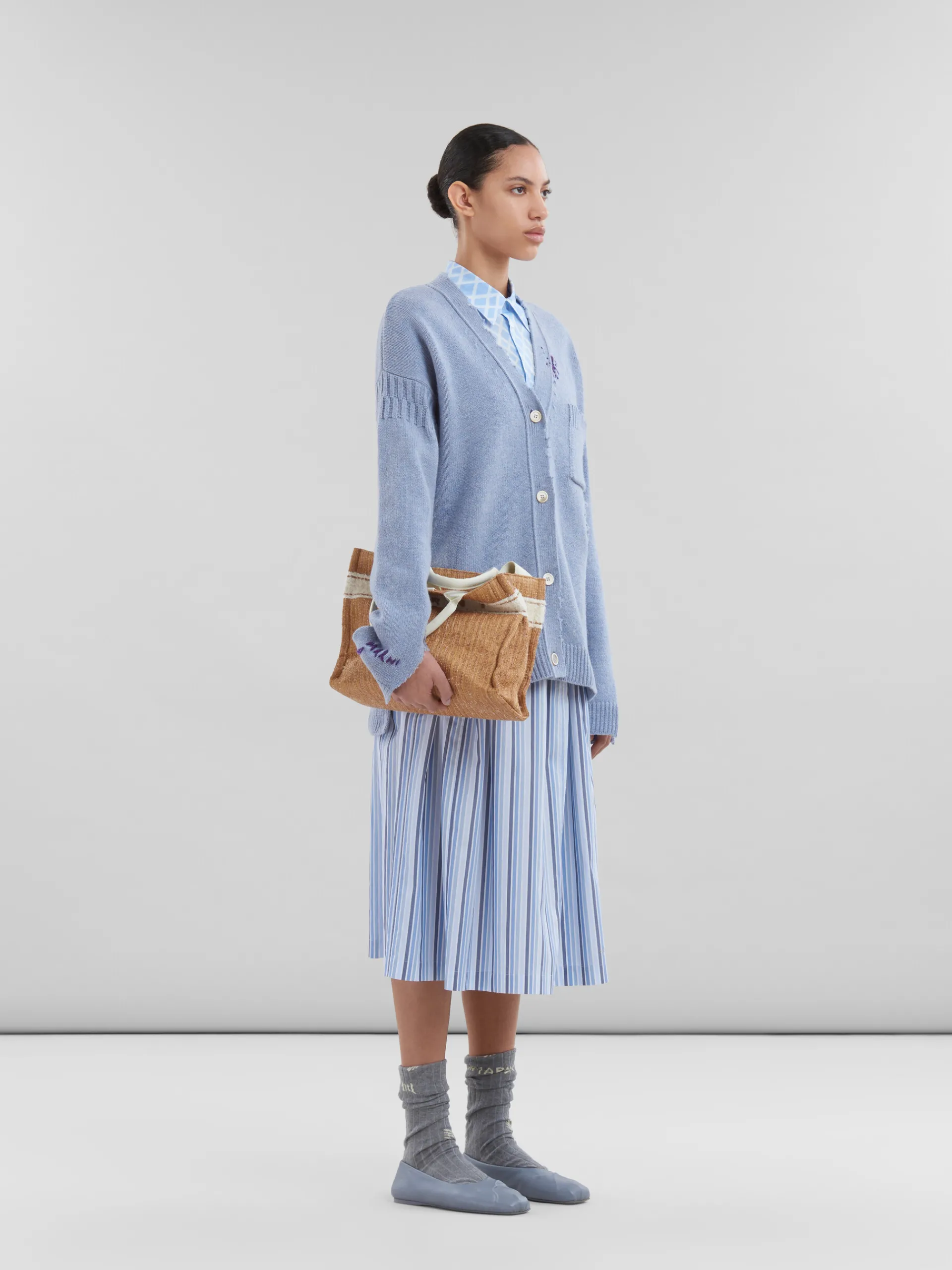 Skirts>Marni Blue Striped Organic Poplin Elasticated Midi Skirt LAKE