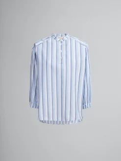 Tops & T-Shirts>Marni Blue Striped Poplin Top With Mandarin Collar LAKE