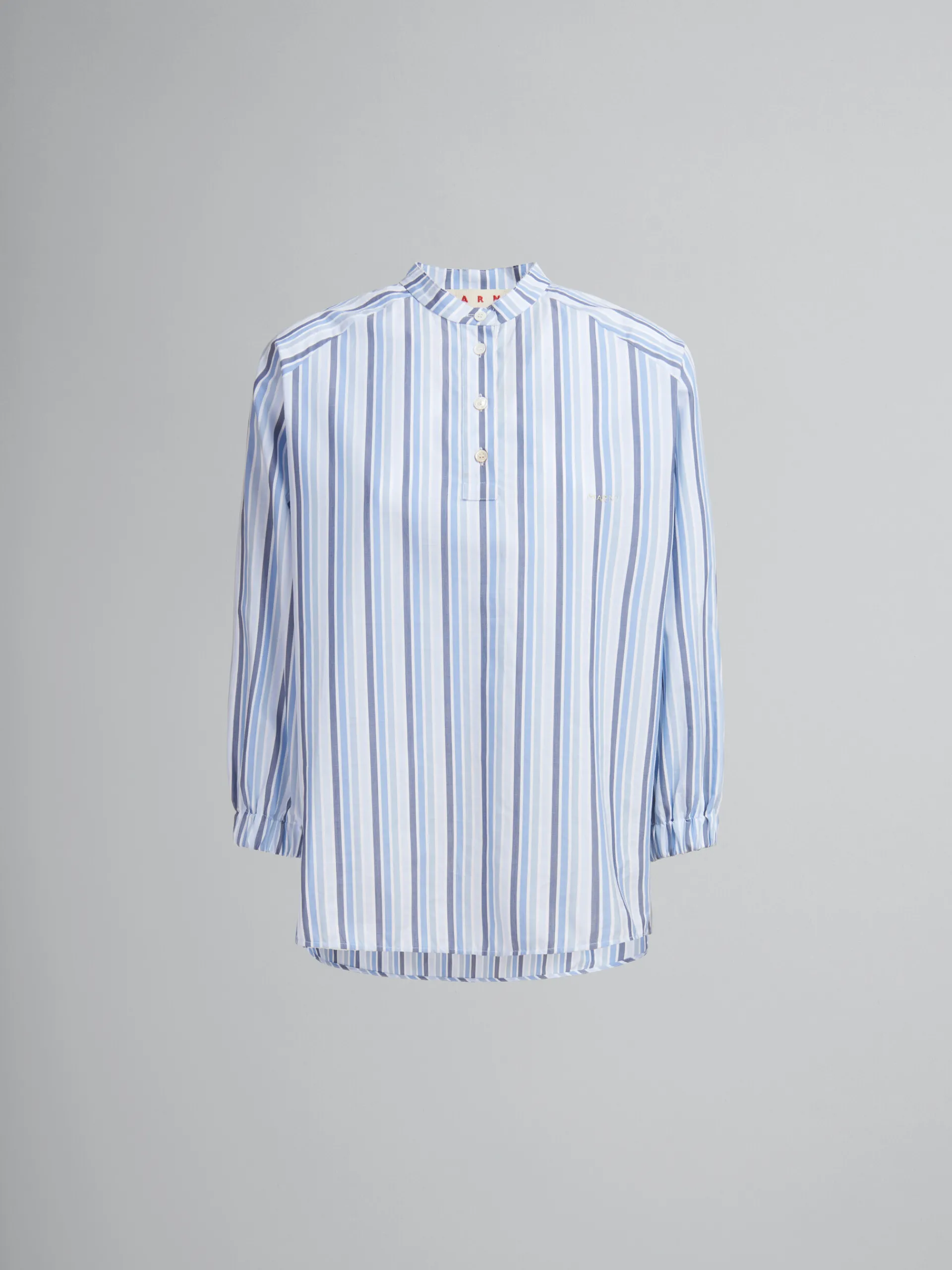 Tops & T-Shirts>Marni Blue Striped Poplin Top With Mandarin Collar LAKE