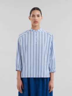 Tops & T-Shirts>Marni Blue Striped Poplin Top With Mandarin Collar LAKE