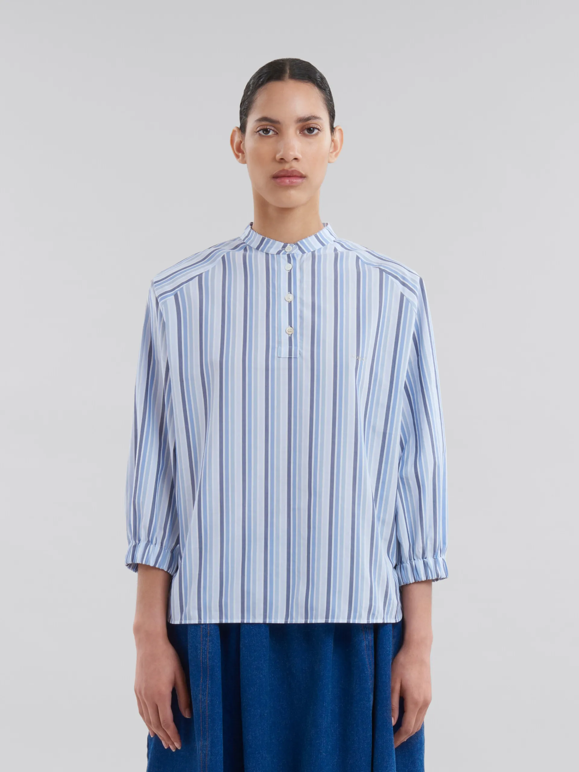 Tops & T-Shirts>Marni Blue Striped Poplin Top With Mandarin Collar LAKE