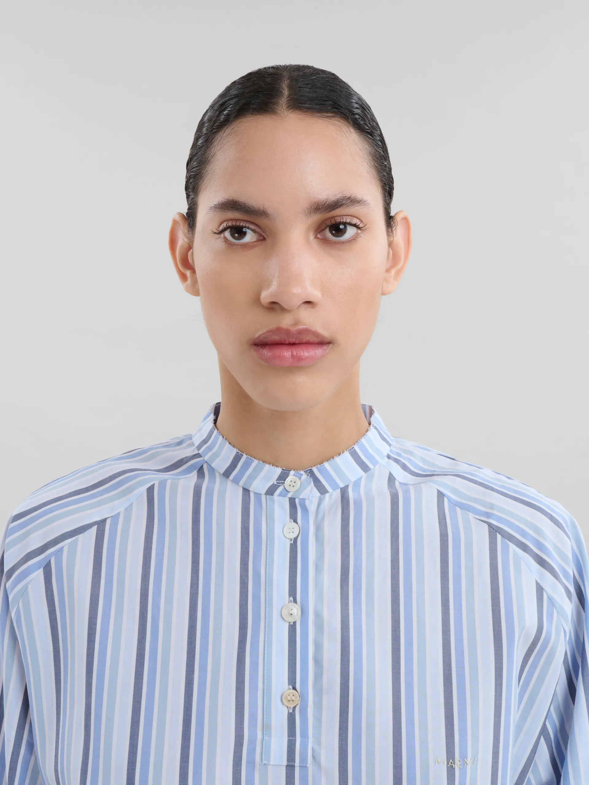 Tops & T-Shirts>Marni Blue Striped Poplin Top With Mandarin Collar LAKE