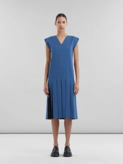Dresses>Marni Blue Tropical Wool Dress With Contrast Pleats SAPPHIRE BLUE