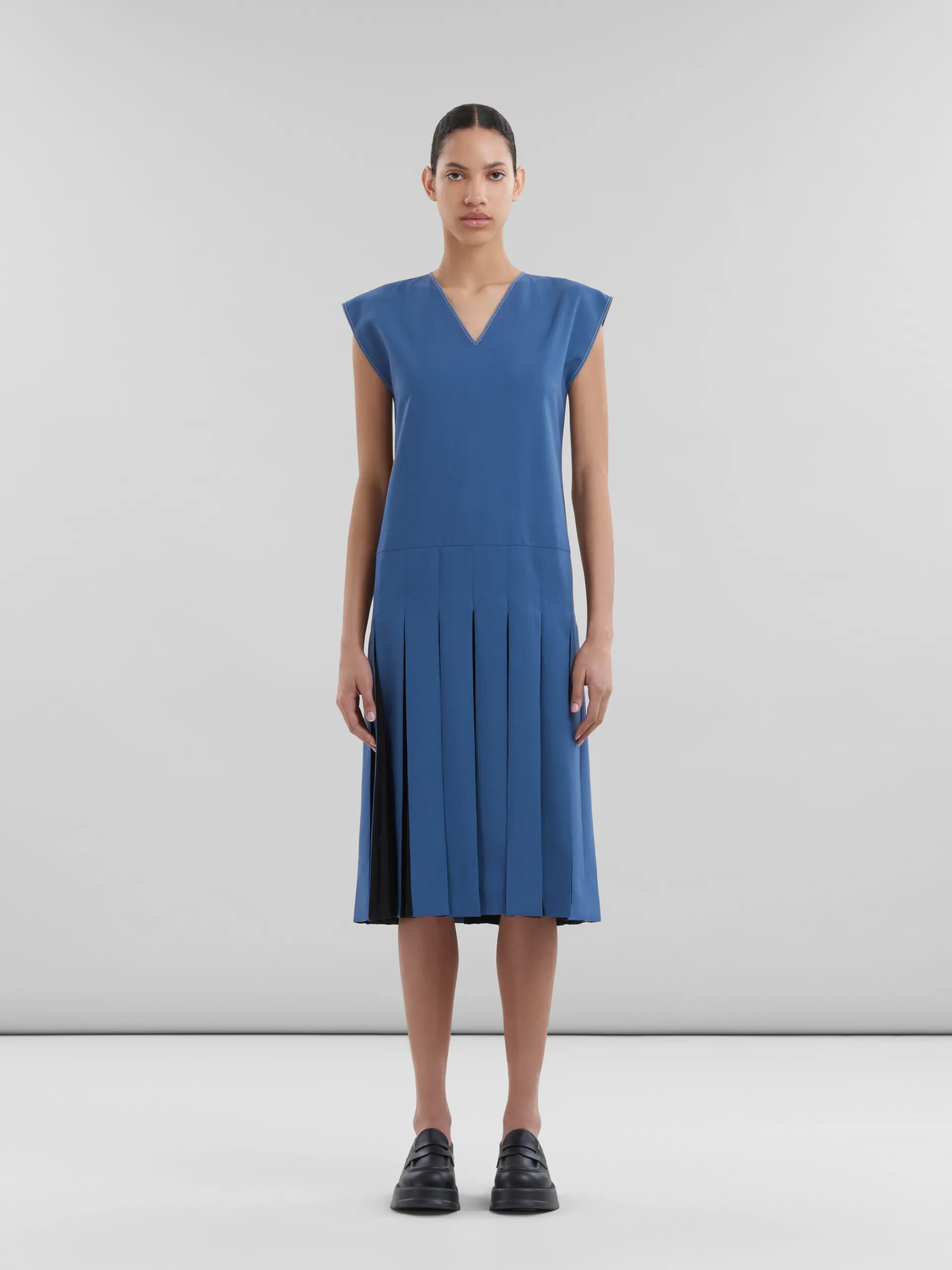 Dresses>Marni Blue Tropical Wool Dress With Contrast Pleats SAPPHIRE BLUE