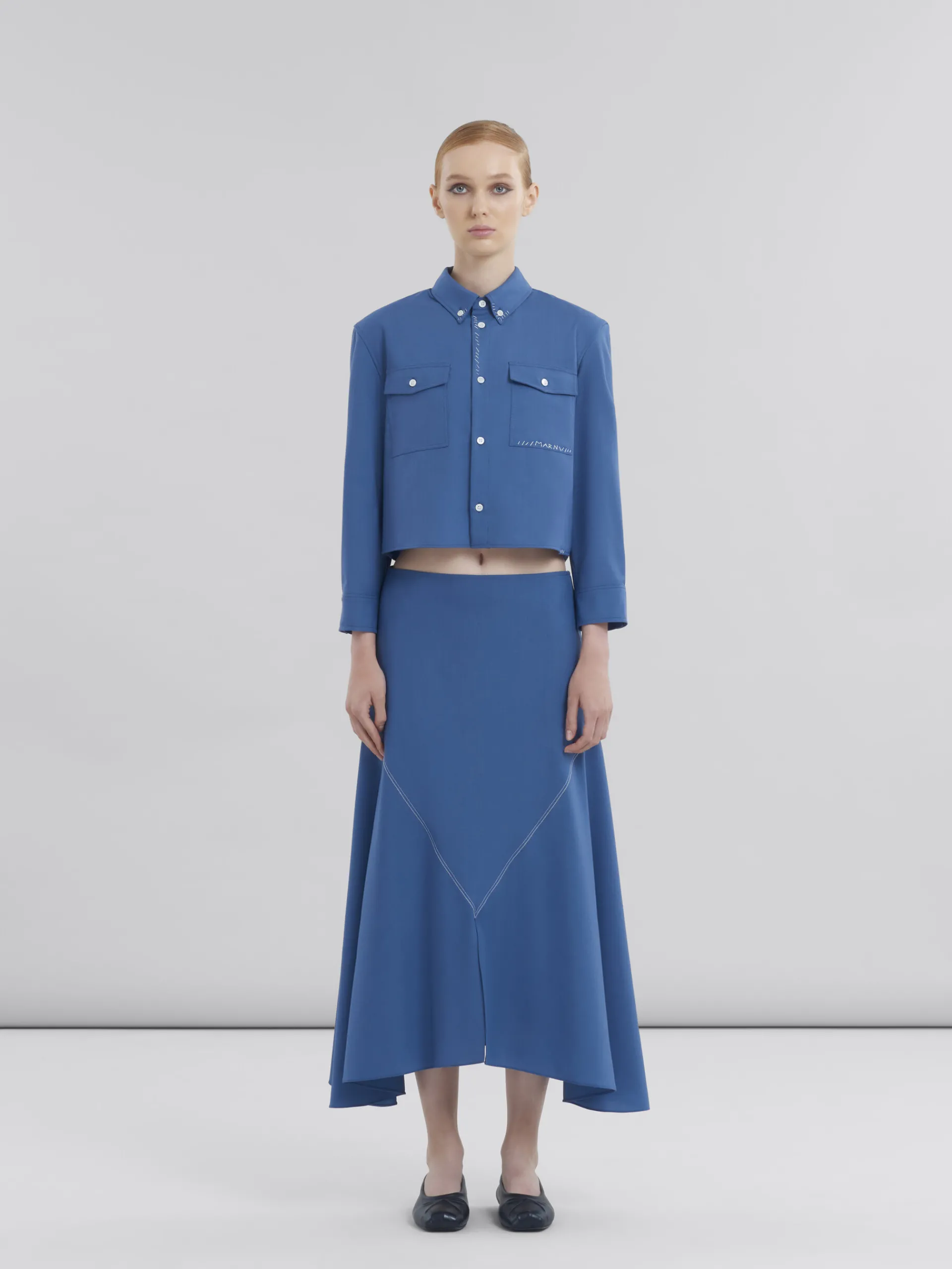 Matching Sets | Skirts>Marni Blue Tropical Wool Midi Skirt With V Detail SAPPHIRE BLUE