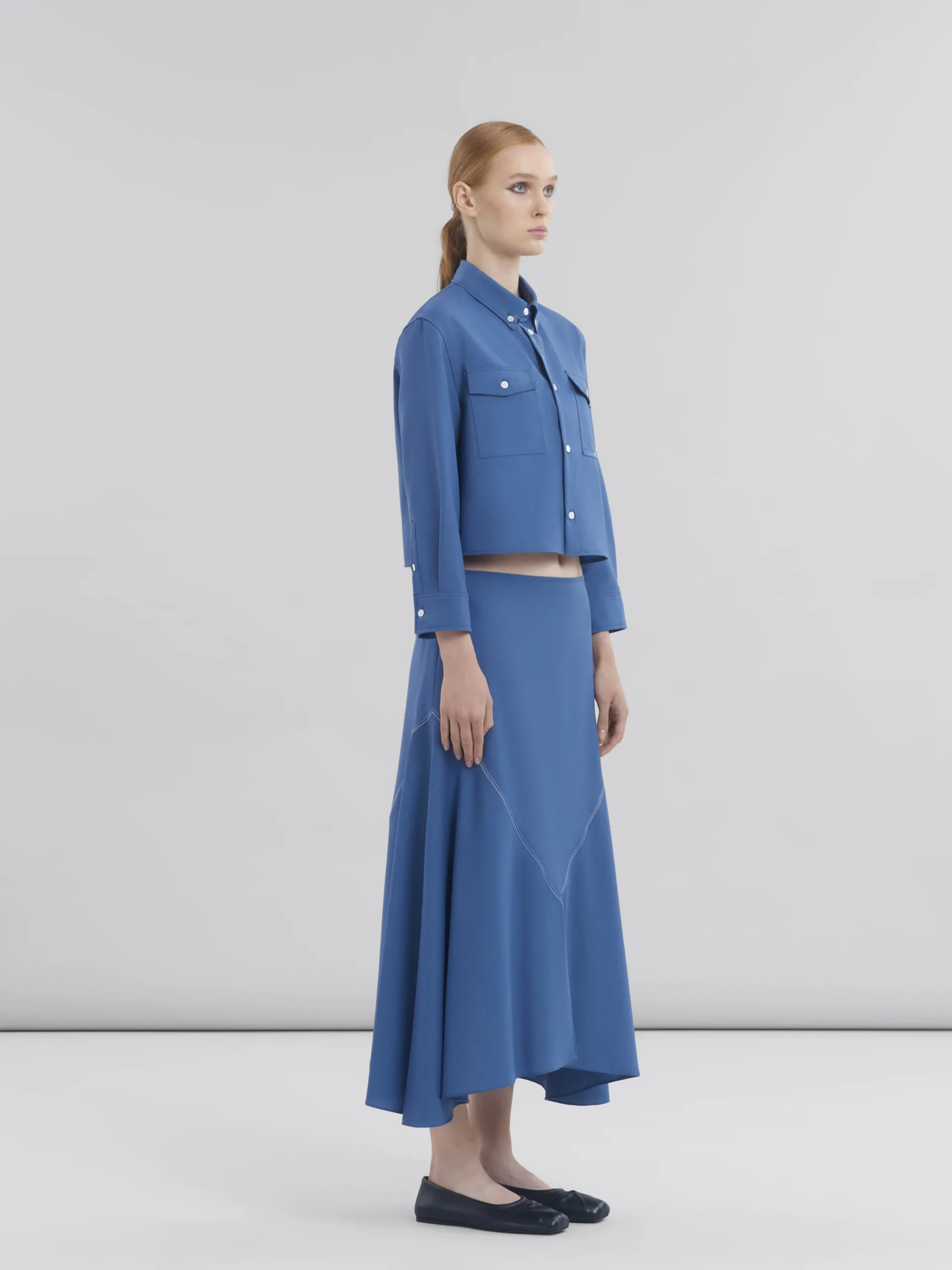 Matching Sets | Skirts>Marni Blue Tropical Wool Midi Skirt With V Detail SAPPHIRE BLUE