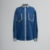 Denim | Tops & T-Shirts>Marni Blue Two-tone Denim Shirt With Raw-cut Edges OCEAN