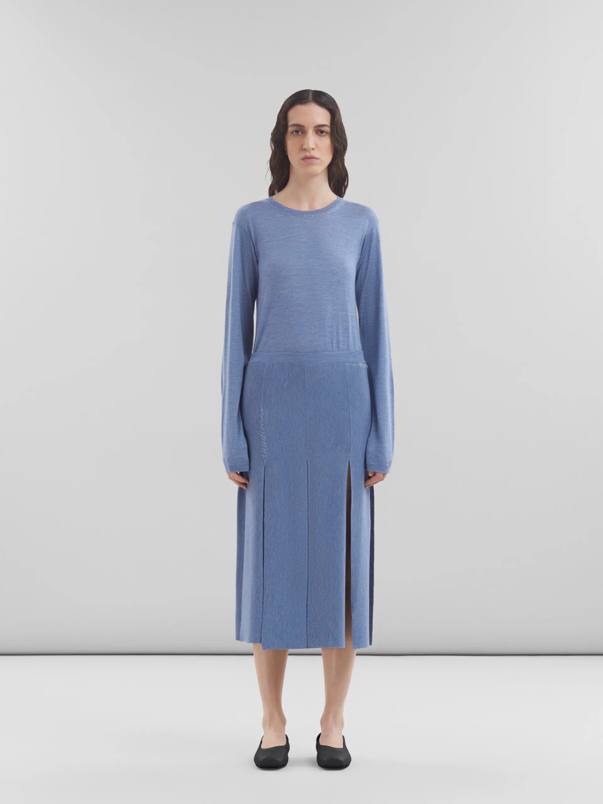 Skirts>Marni Blue Wool-silk Skirt With Raw-cut Slits OPAL