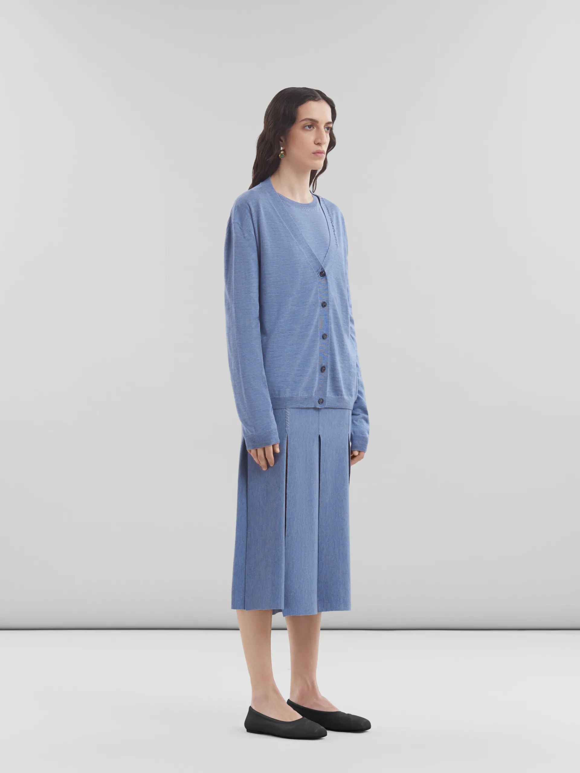 Skirts>Marni Blue Wool-silk Skirt With Raw-cut Slits OPAL