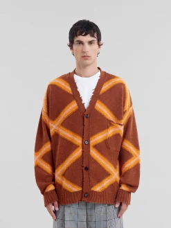 Knitwear>Marni Brown Broken Wool Cardigan With Argyle Motif NOUGAT