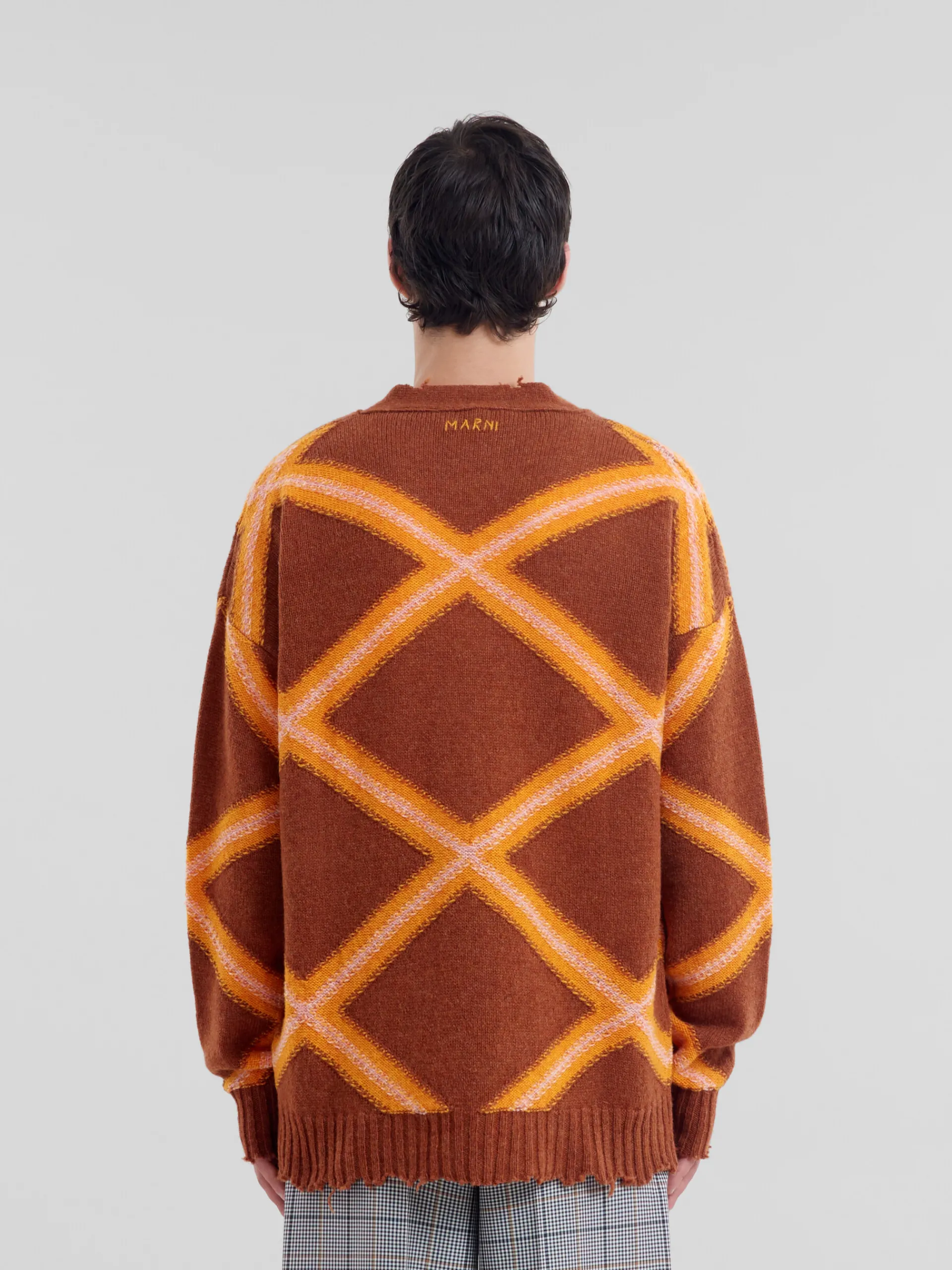 Knitwear>Marni Brown Broken Wool Cardigan With Argyle Motif NOUGAT