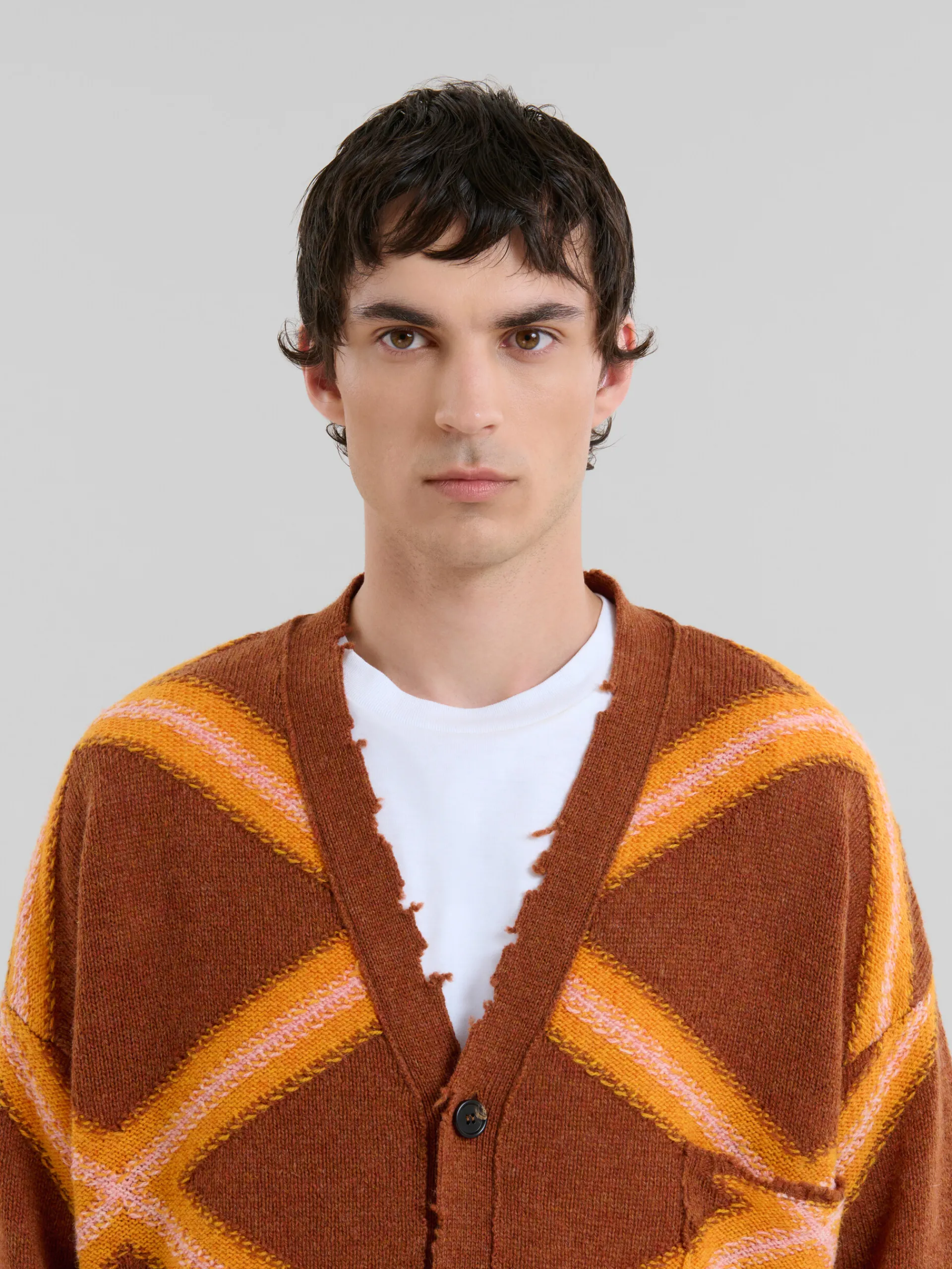 Knitwear>Marni Brown Broken Wool Cardigan With Argyle Motif NOUGAT