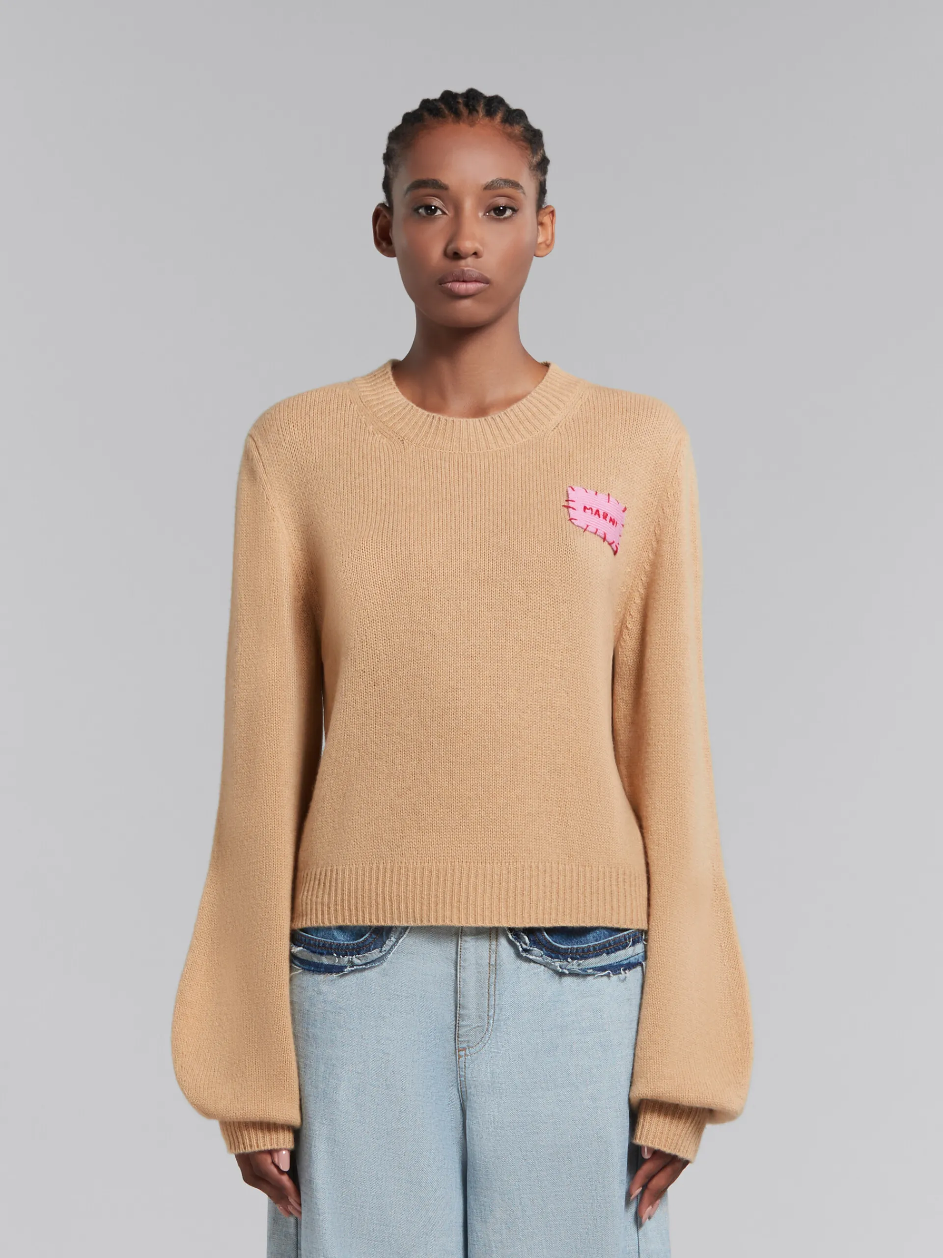 Knitwear>Marni Brown Cashmere Jumper With Mending Patch BUTTERCREAM