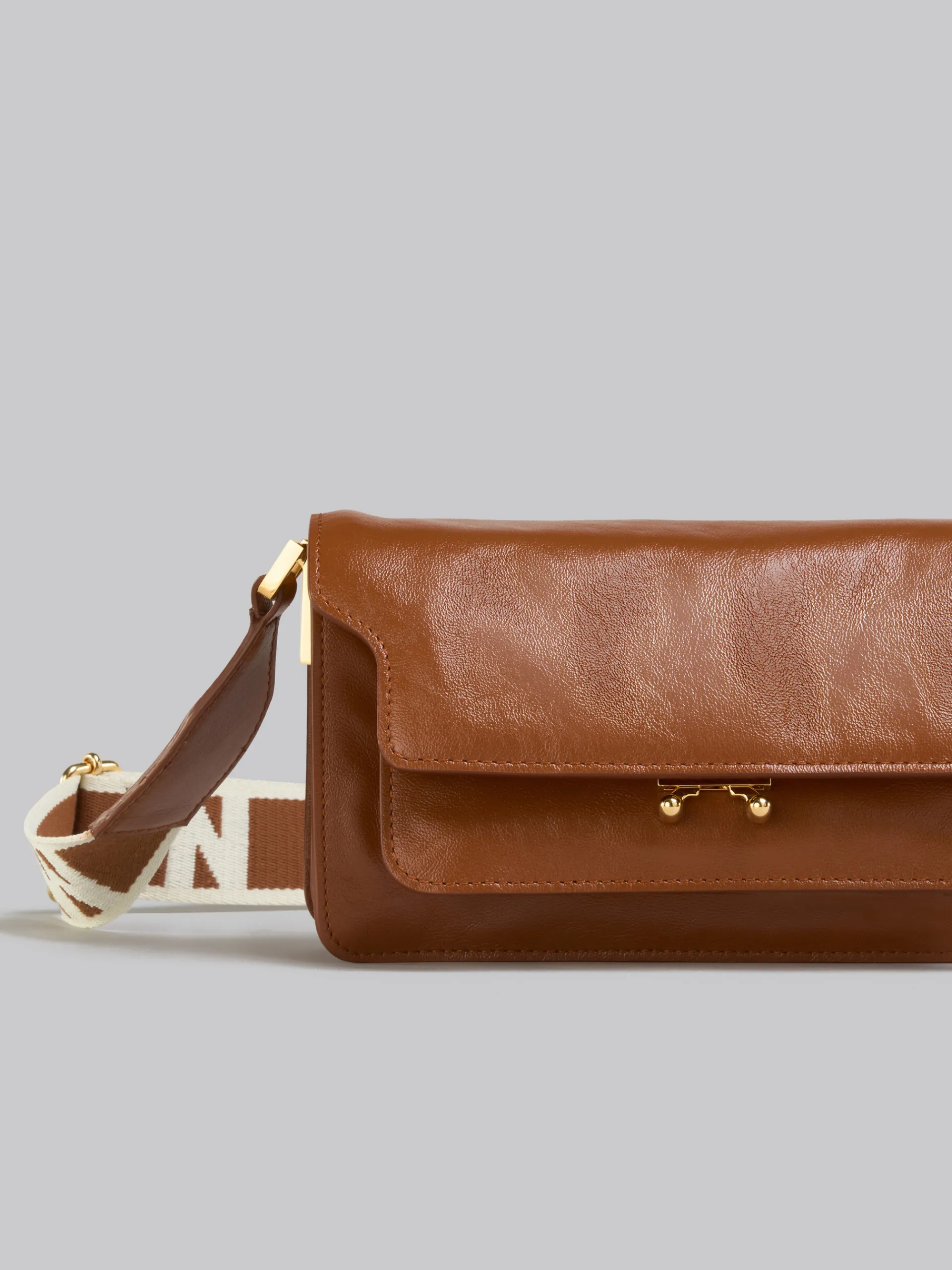 Shoulder Bags>Marni Brown Leather E/W Soft Trunk Bag With Logo Strap MOCA