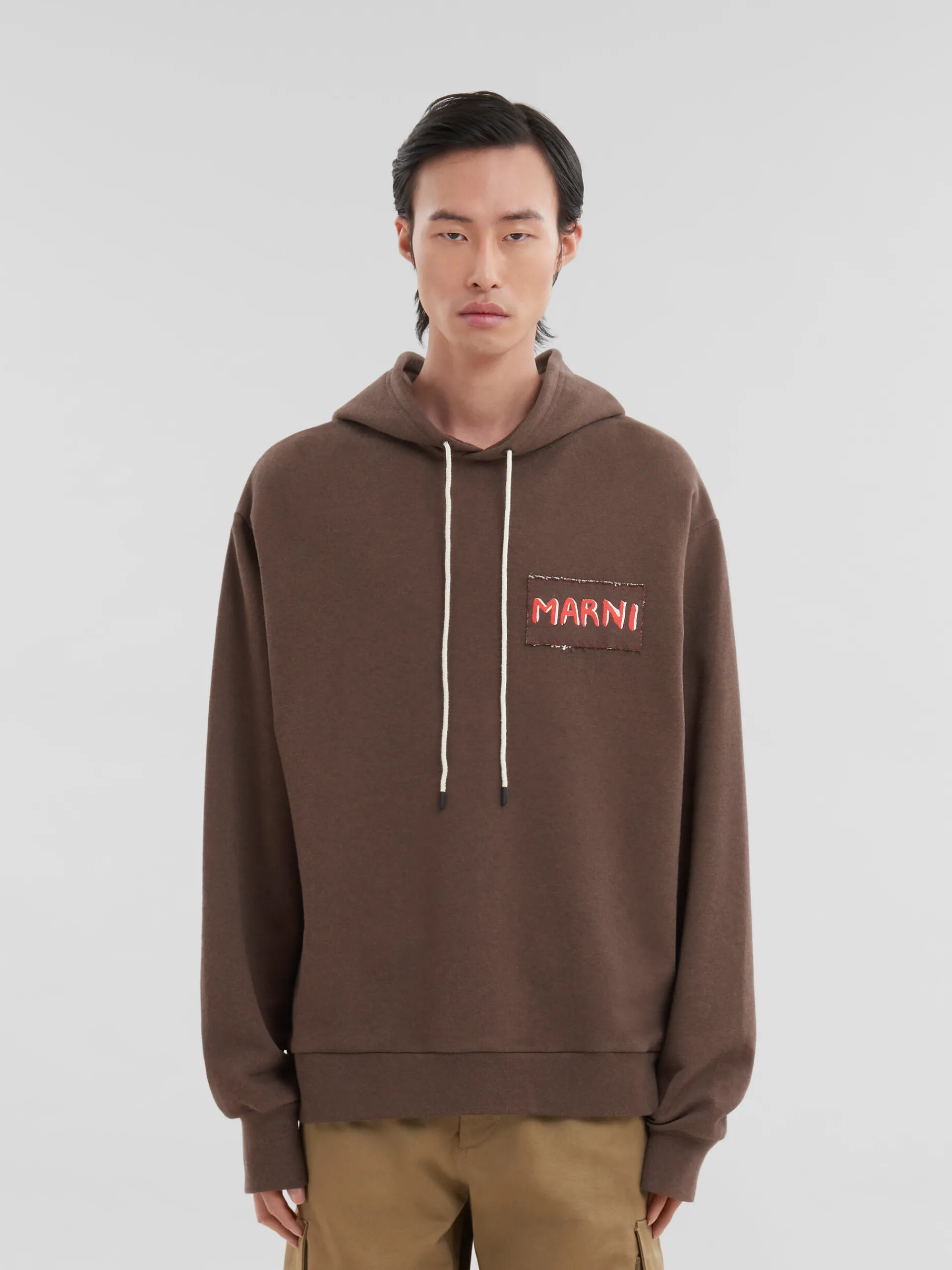 Sweatshirts>Marni Brown Melange Cotton Hoodie With Patch COFFEE