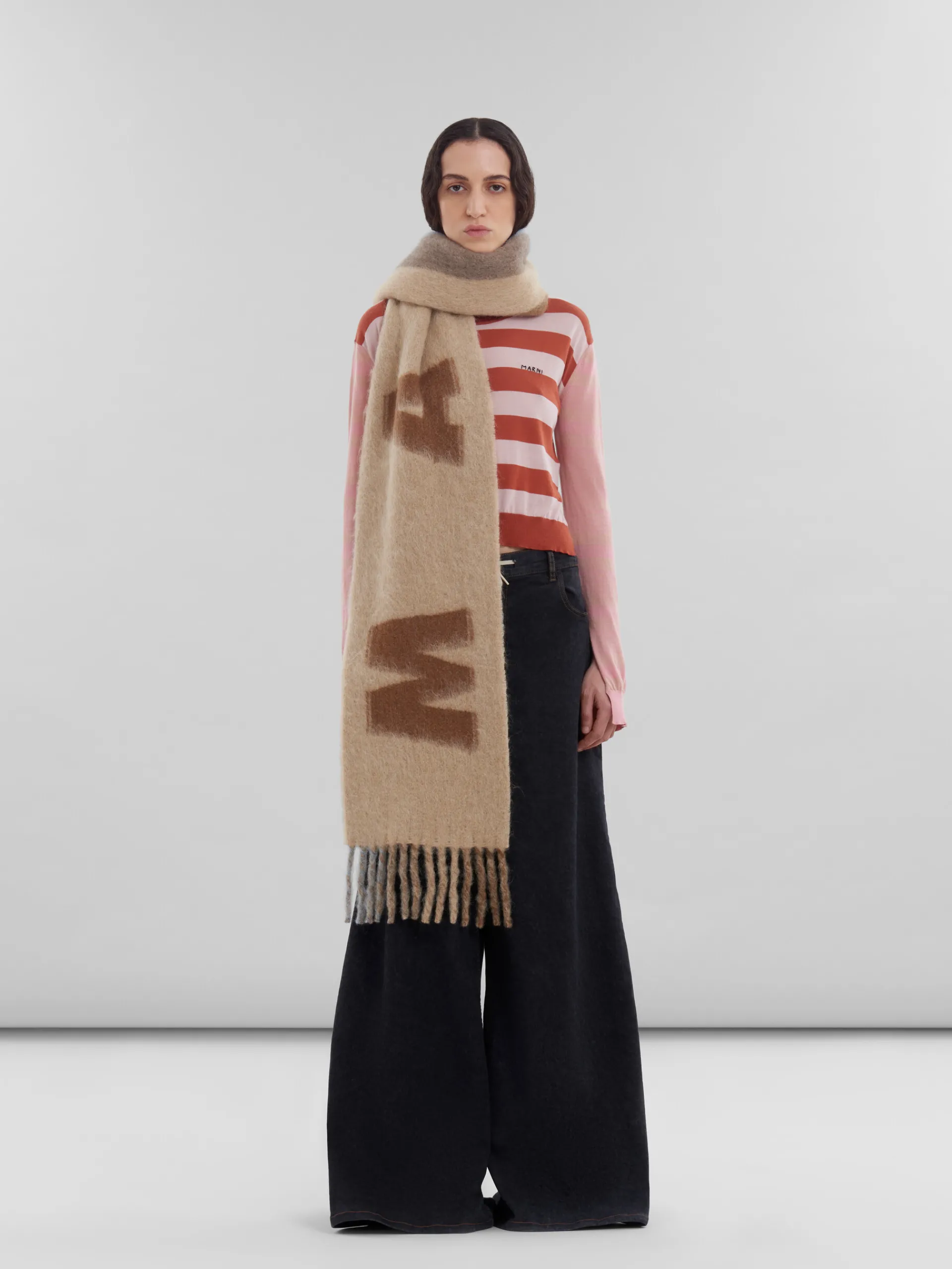 Scarves>Marni Brown Mohair And Wool Scarf With Maxi Logo NOMAD/BEIGE