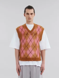 Knitwear>Marni Brown Mohair Argyle Vest With Floating Threads CAMELLIA