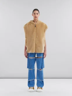 Coats & Jackets>Marni Brown Shaved Shearling Hooded Gilet NOMAD/BEIGE