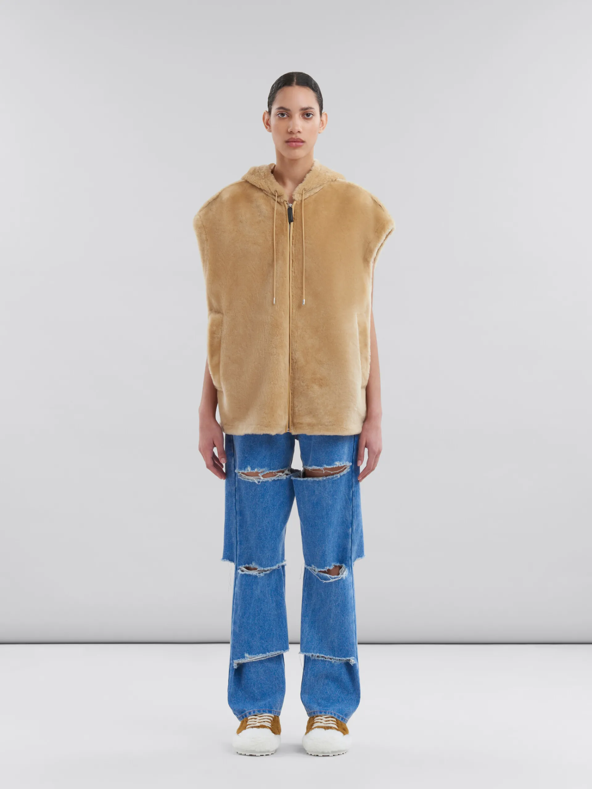 Coats & Jackets>Marni Brown Shaved Shearling Hooded Gilet NOMAD/BEIGE