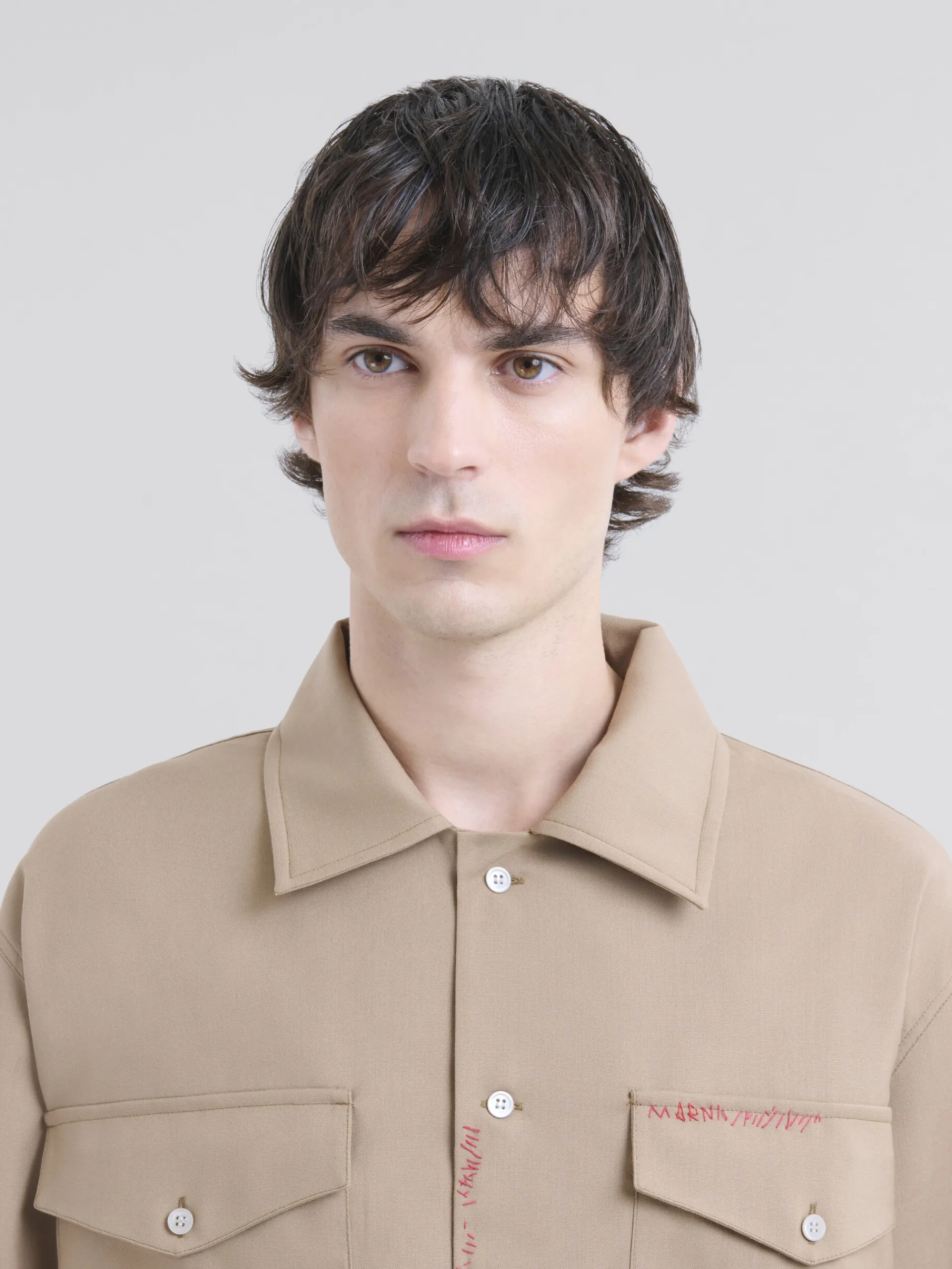 Tops & T-Shirts>Marni Brown Tropical Wool Shirt With Mending BISCUIT