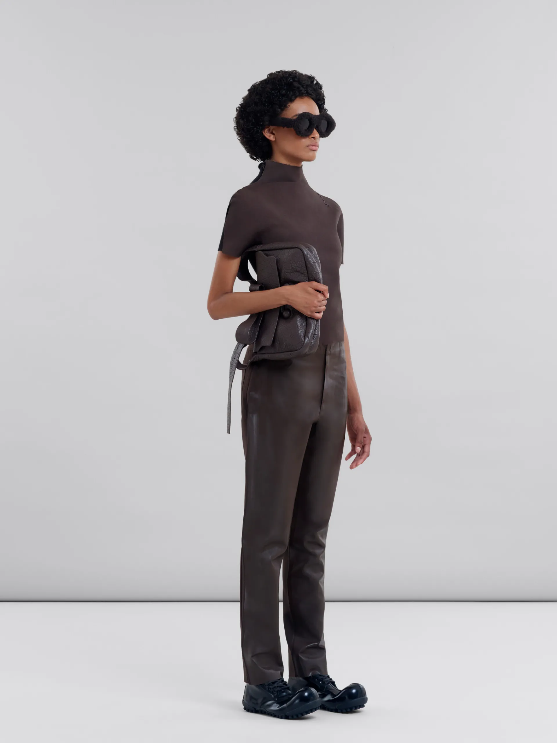 Pants>Marni Brown Wool And Coated Fabric Trousers ATMOSPHERE