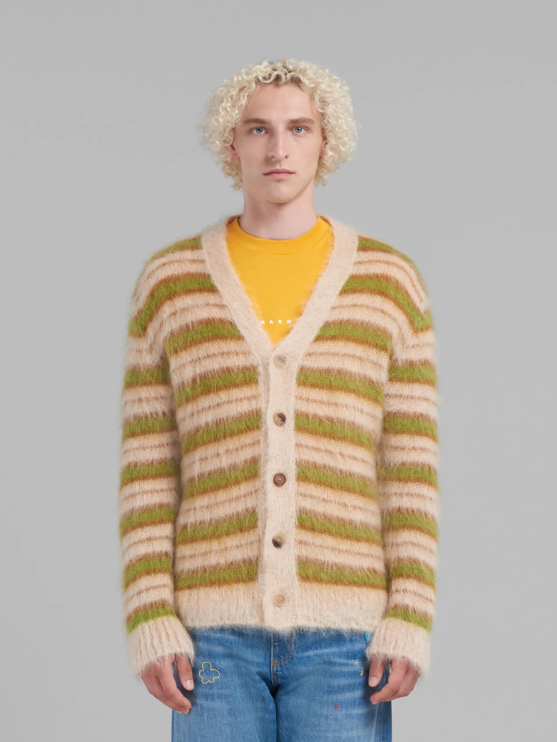Knitwear>Marni Camel Striped Mohair Cardigan LIGHTCAMEL