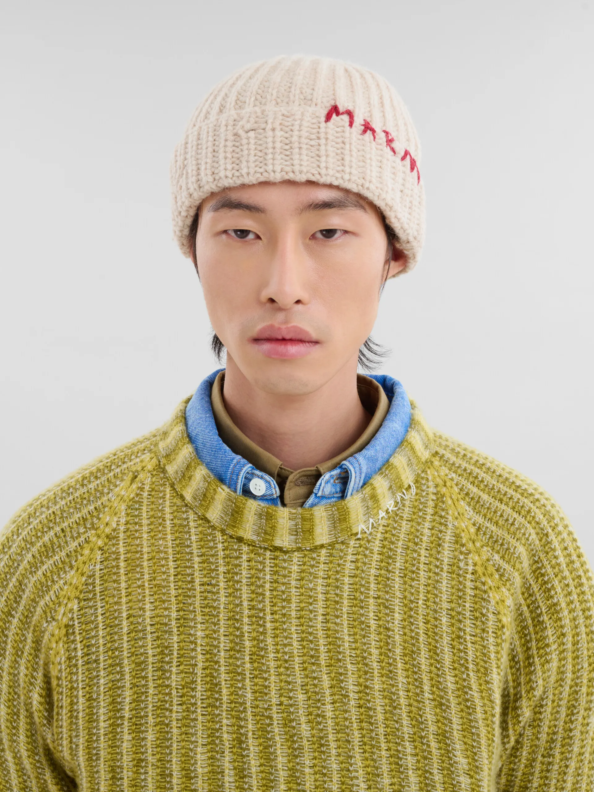 Hats>Marni Cream Shetland Wool Beanie With Mending BEIGE