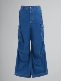Pants>Marni Dark Blue Denim Cargo Pants With Logo Patch OCEAN
