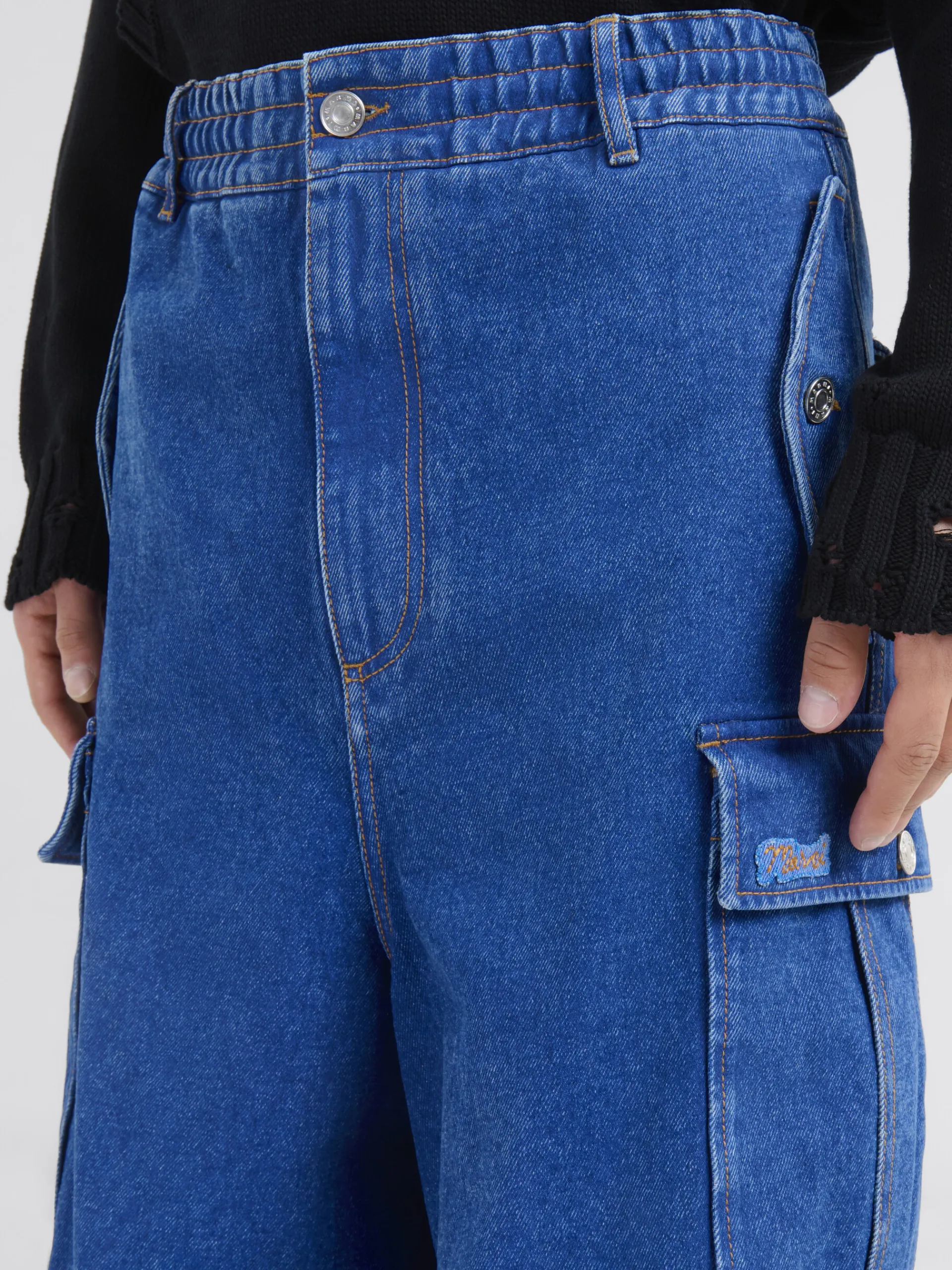 Pants>Marni Dark Blue Denim Cargo Pants With Logo Patch OCEAN