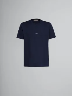Tops & T-Shirts>Marni Dark Blue Organic Cotton T-shirt With Logo BLUBLACK