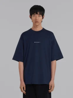 Tops & T-Shirts>Marni Dark Blue Organic Cotton T-shirt With Logo BLUBLACK