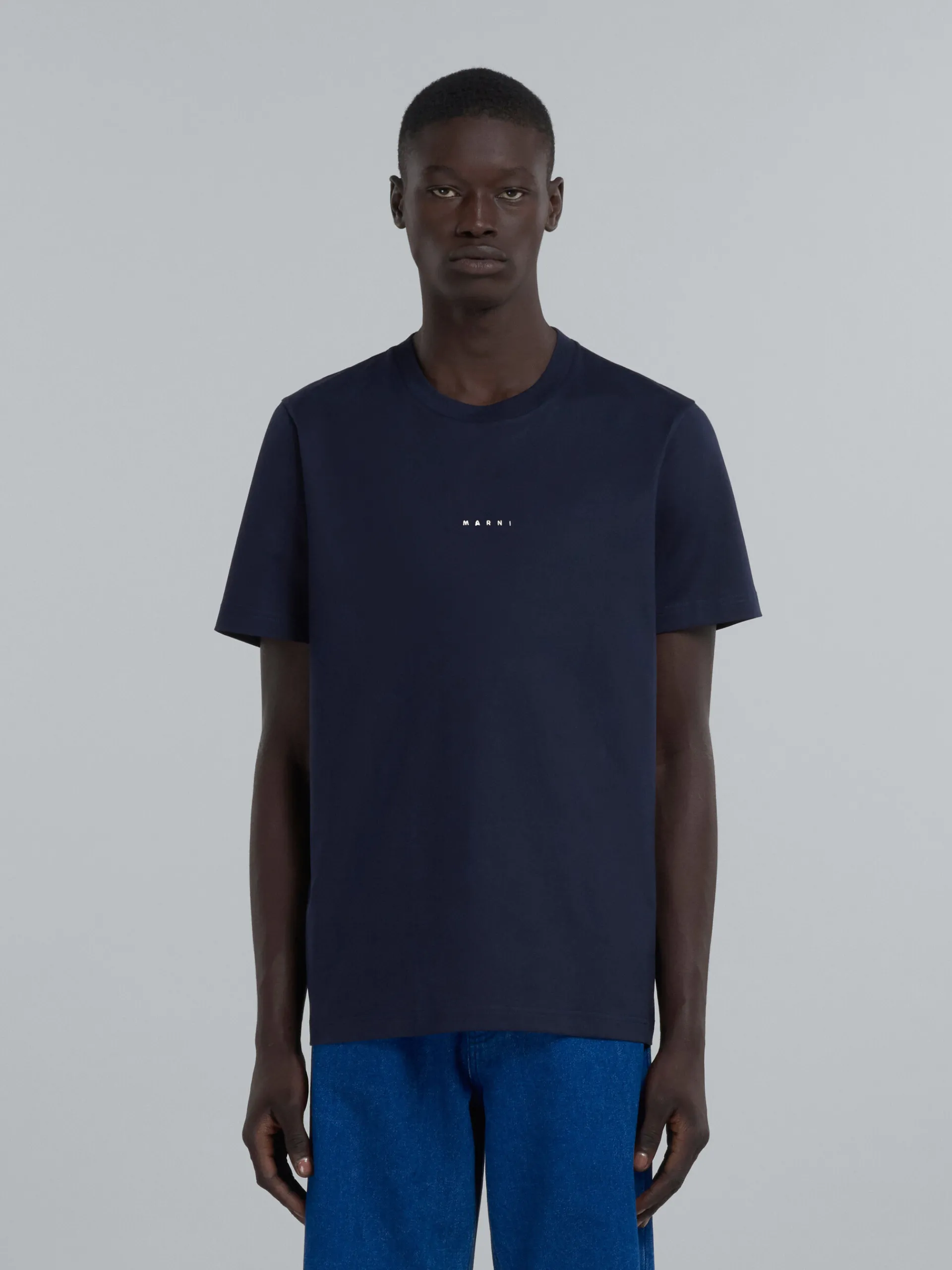 Tops & T-Shirts>Marni Dark Blue Organic Cotton T-shirt With Logo BLUBLACK